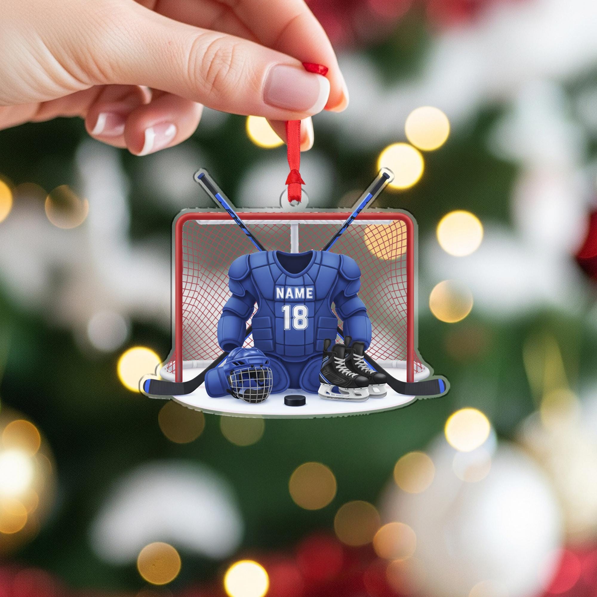Personalized Acrylic Hockey Ornament – Goalie Gear Design with Net and Skates image 3