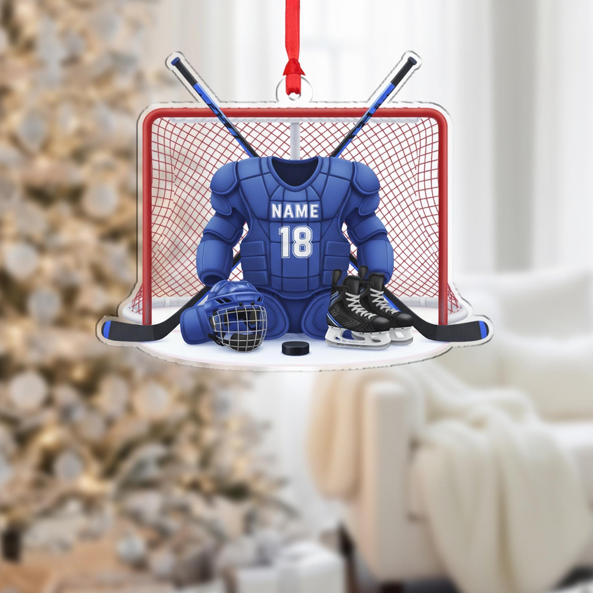 Personalized Acrylic Hockey Ornament – Goalie Gear Design with Net and Skates image 6