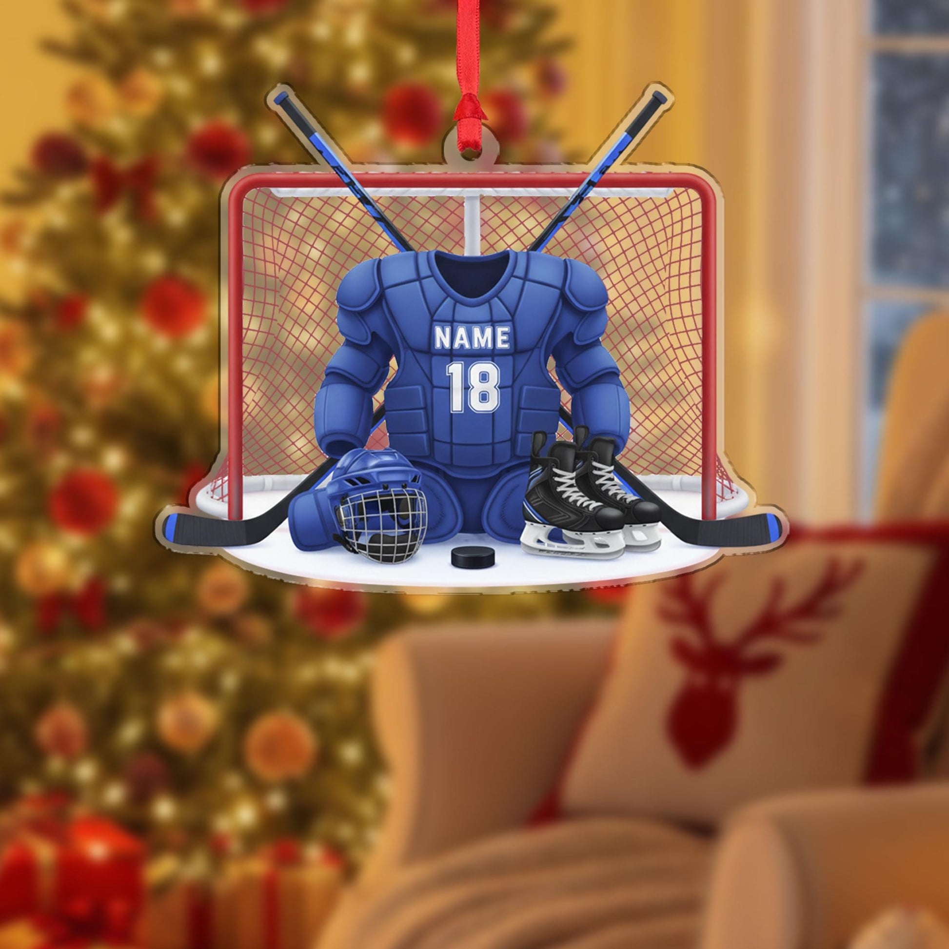 Personalized Acrylic Hockey Ornament – Goalie Gear Design with Net and Skates image 7