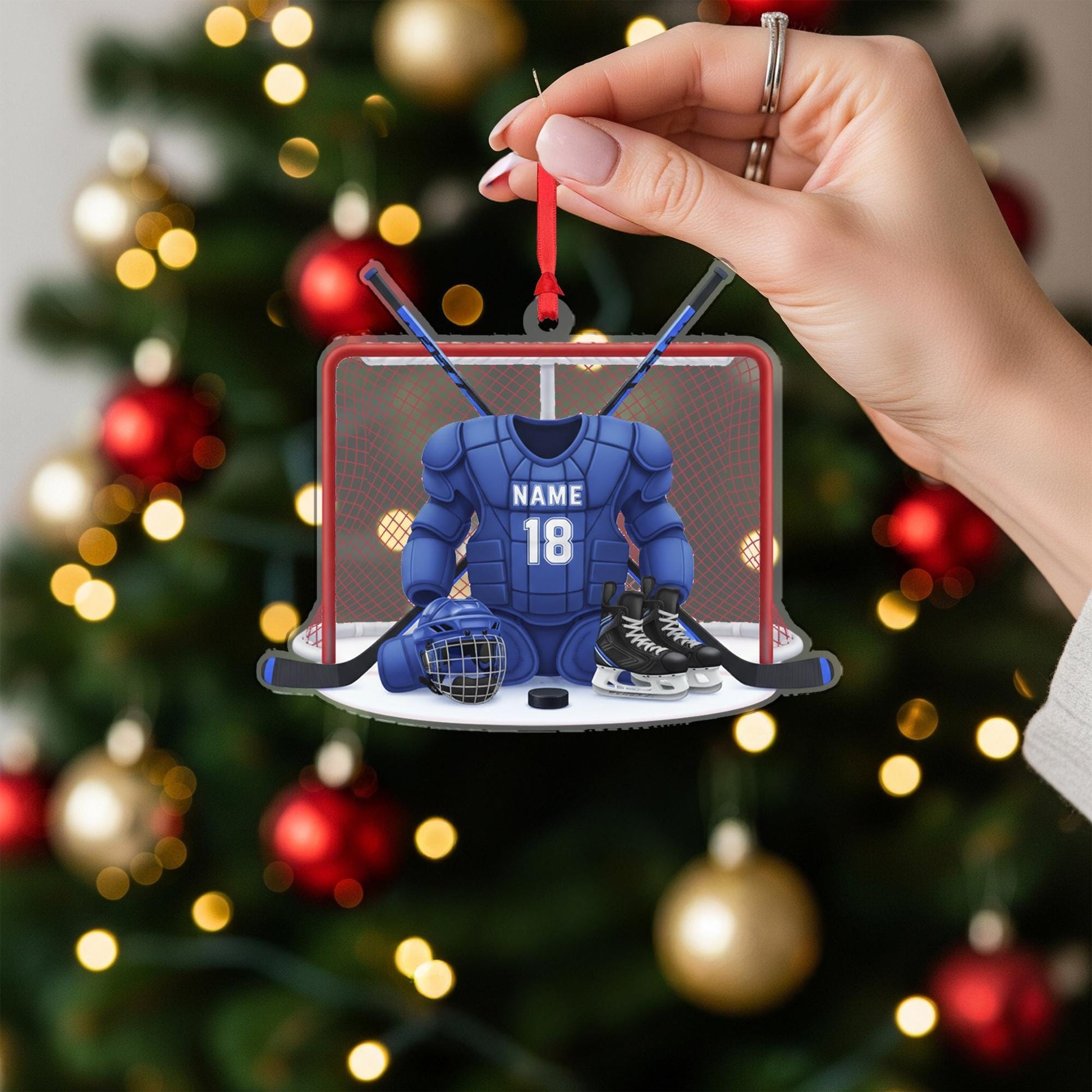 Personalized Acrylic Hockey Ornament – Goalie Gear Design with Net and Skates image 1