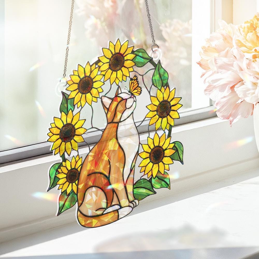 Cat and Sunflower Window Hanging – Orange White Cat with Butterfly Decoration image 2