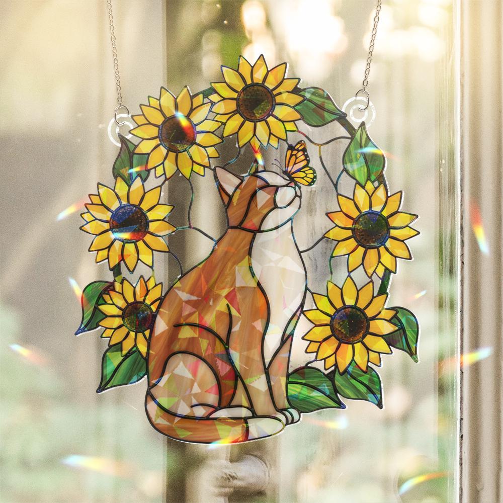 Cat and Sunflower Window Hanging – Orange White Cat with Butterfly Decoration image 3
