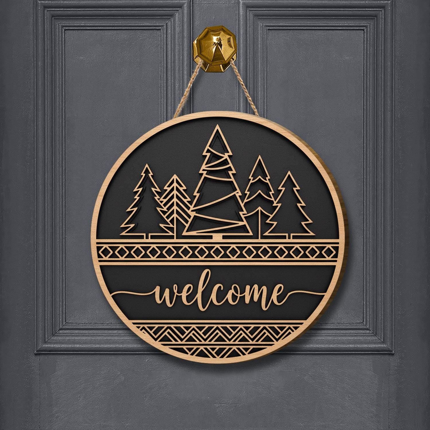 Wooden Welcome Door Sign – Rustic Forest Tree Round Hanging Home Decor image 2