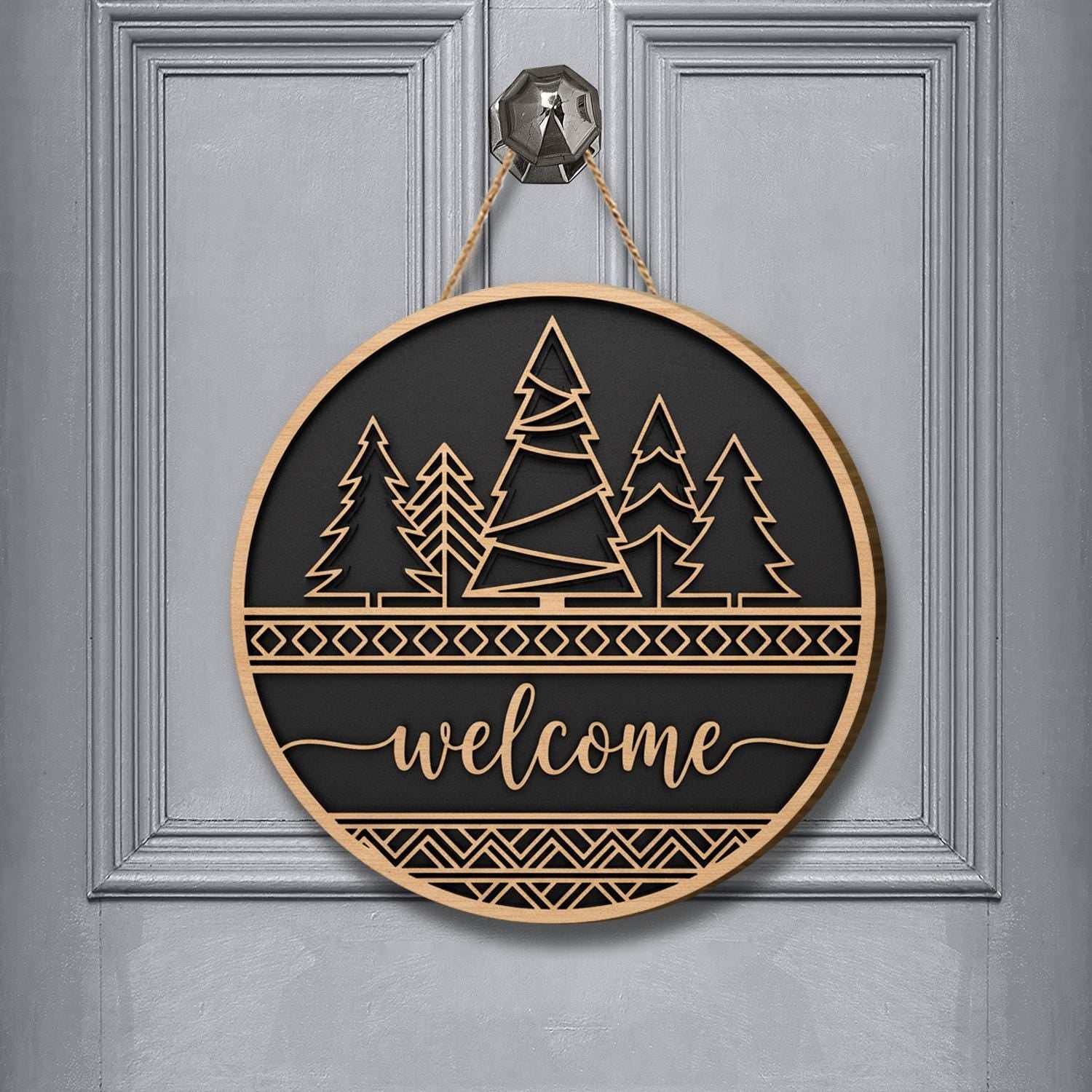 Wooden Welcome Door Sign – Rustic Forest Tree Round Hanging Home Decor image 4