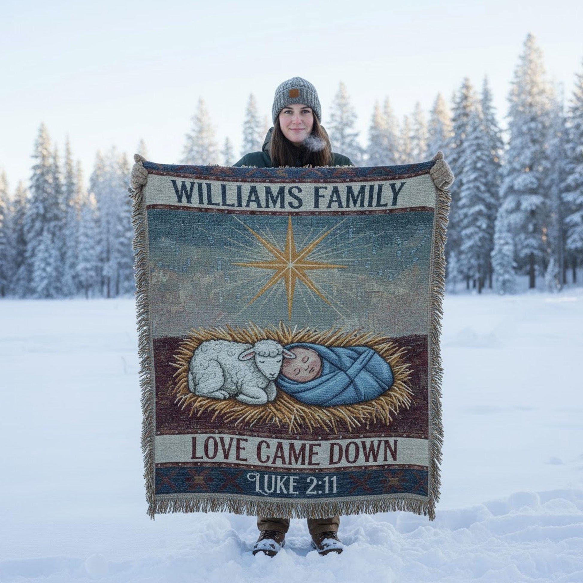 Nativity Scene Blanket: Bible Verse Woven Throw with Personalized Family Name image 3