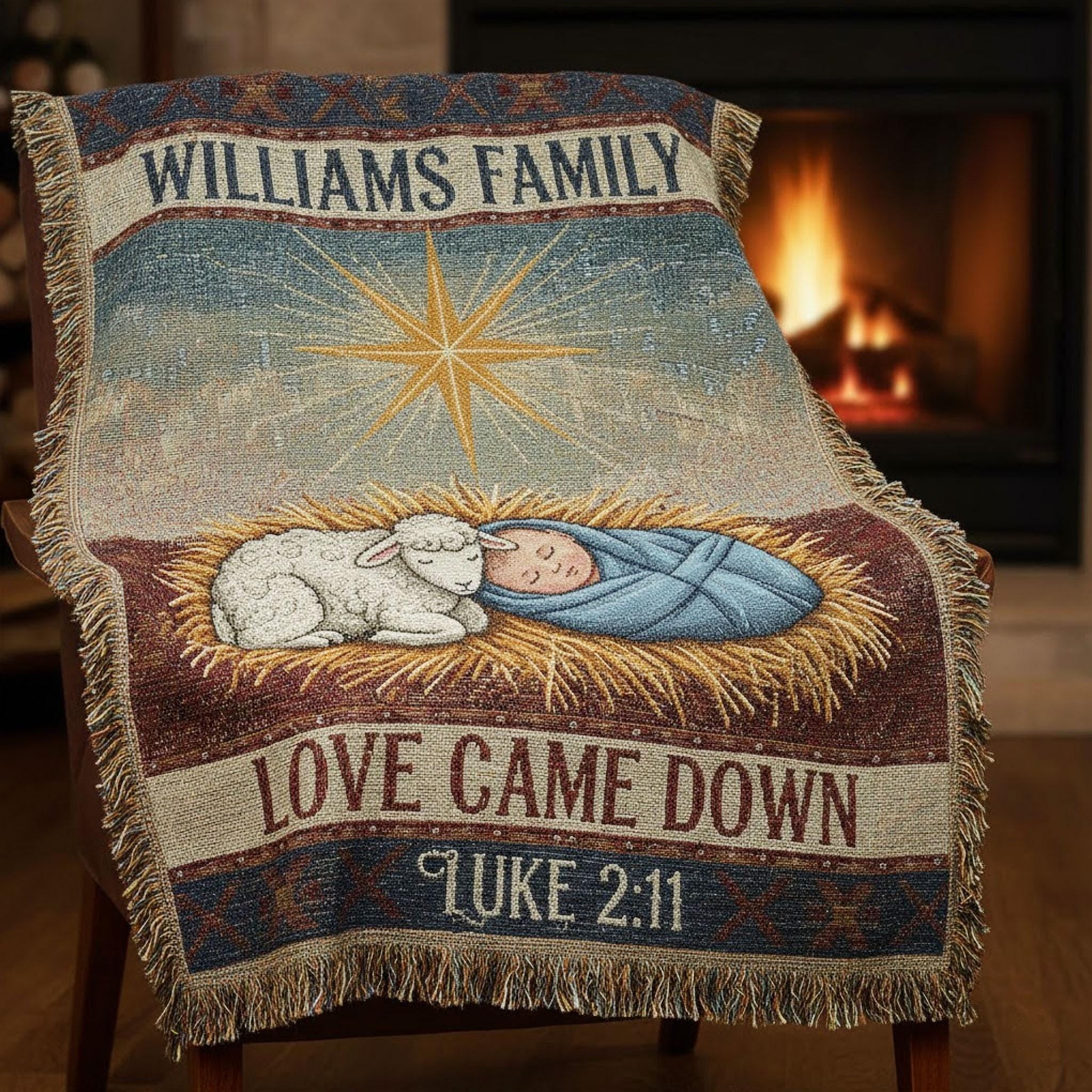 Nativity Scene Blanket: Bible Verse Woven Throw with Personalized Family Name image 1
