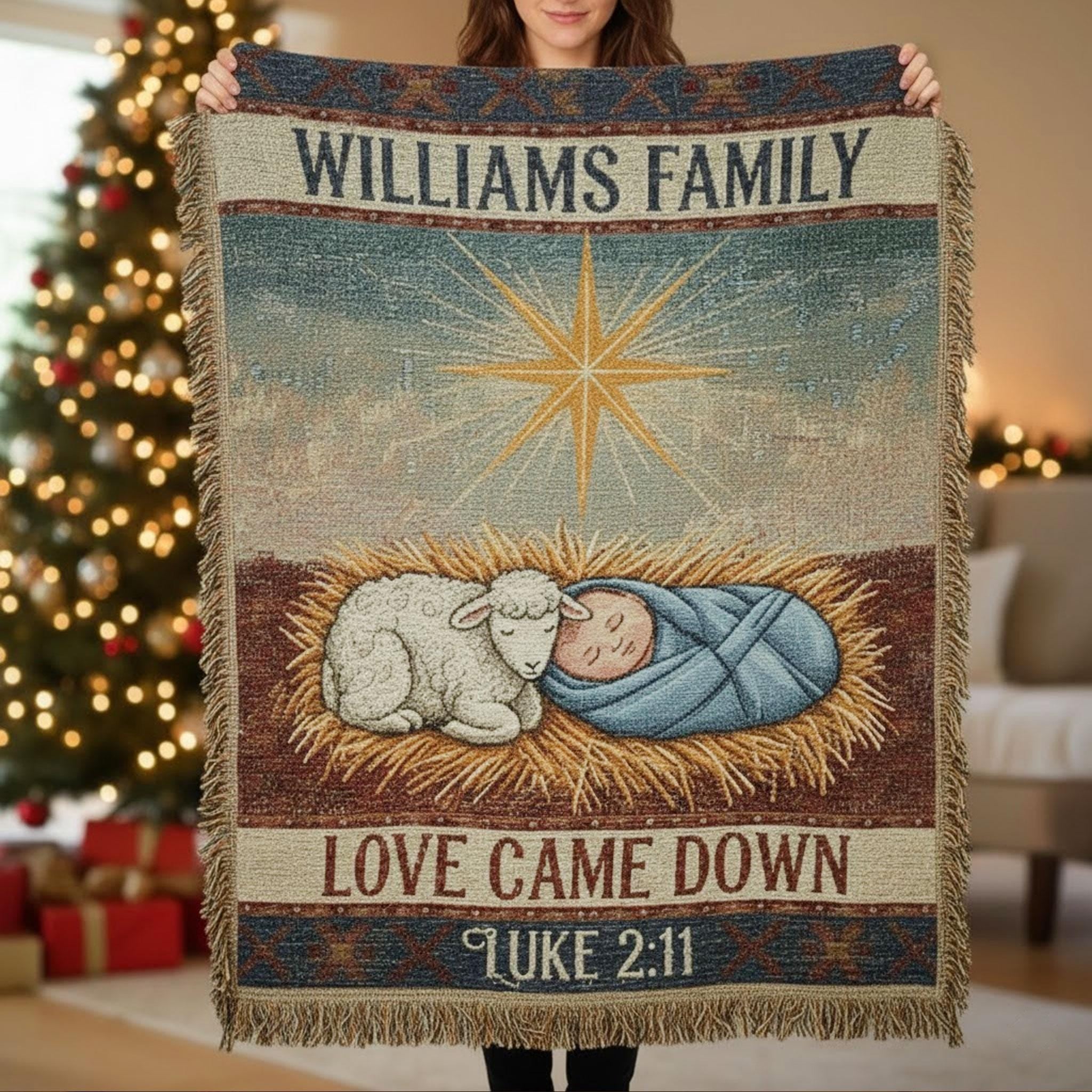 Nativity Scene Blanket: Bible Verse Woven Throw with Personalized Family Name image 2