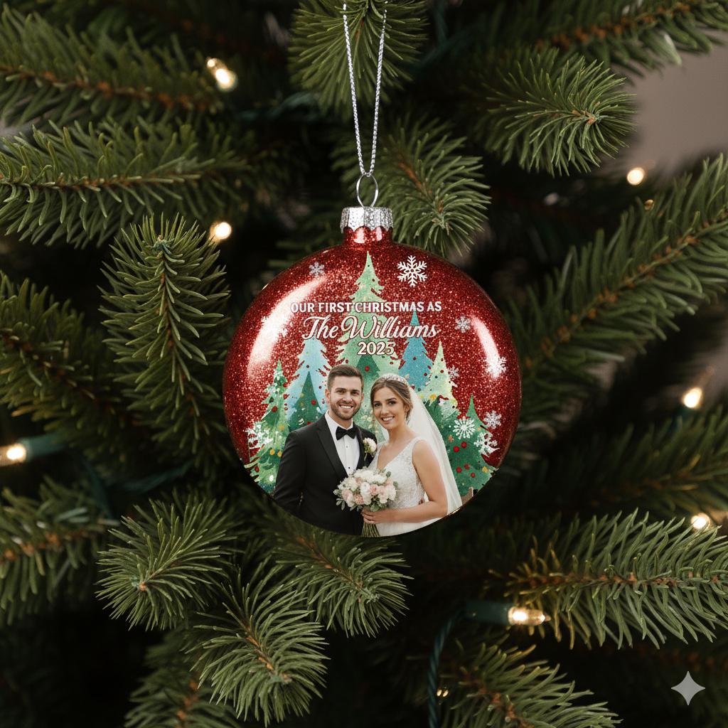 Custom Wedding Photo Glitter Ornament: Personalized Couple Plastic Bauble image 3