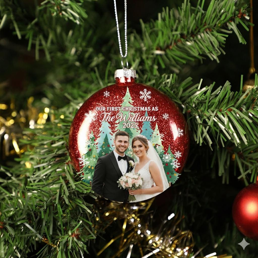 Custom Wedding Photo Glitter Ornament: Personalized Couple Plastic Bauble image 6