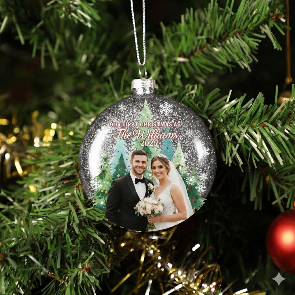 Custom Wedding Photo Glitter Ornament: Personalized Couple Plastic Bauble image 4
