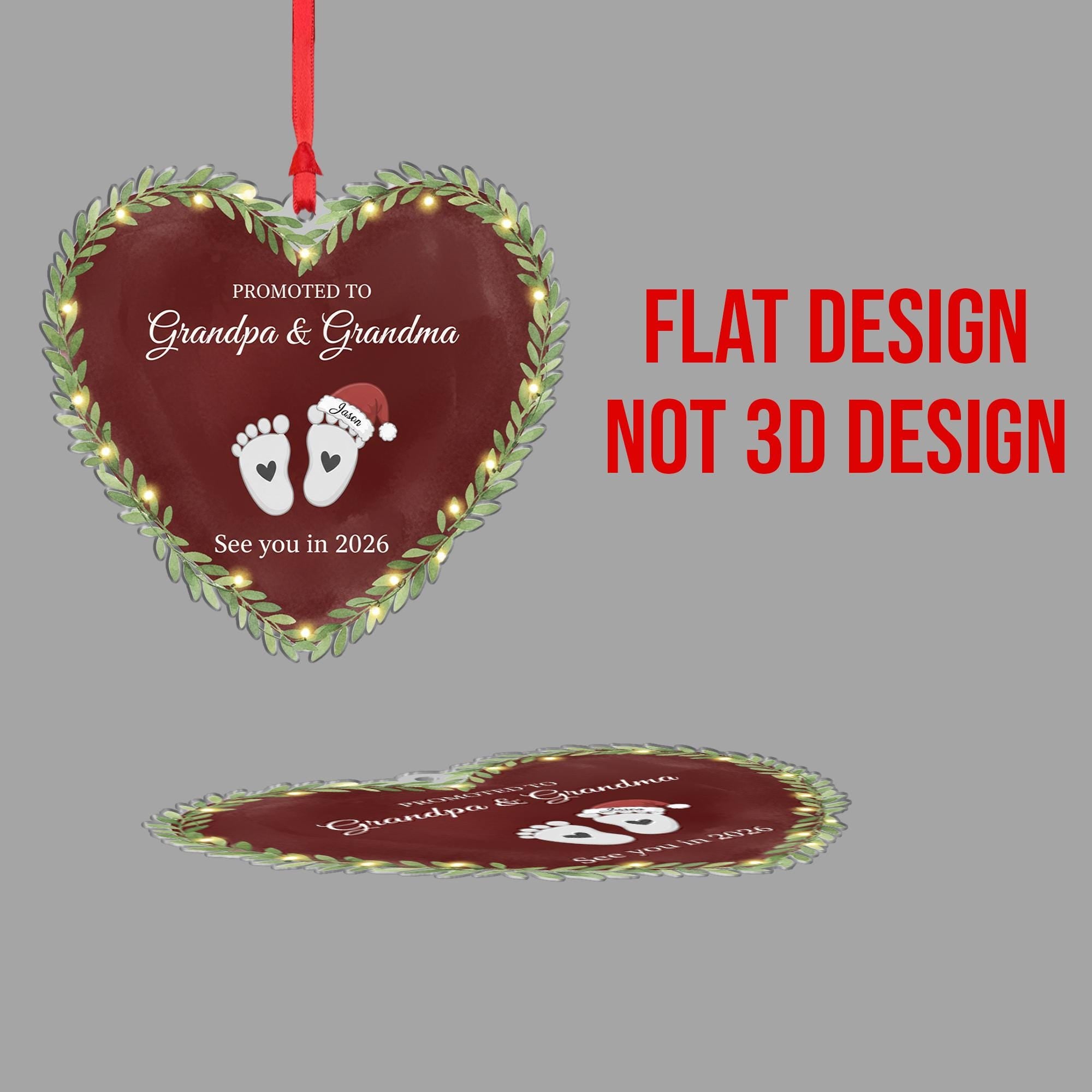 Heart-Shaped Acrylic Ornament: Grandparents Pregnancy Announcement, Baby Footprints, Custom Name & Year image 3