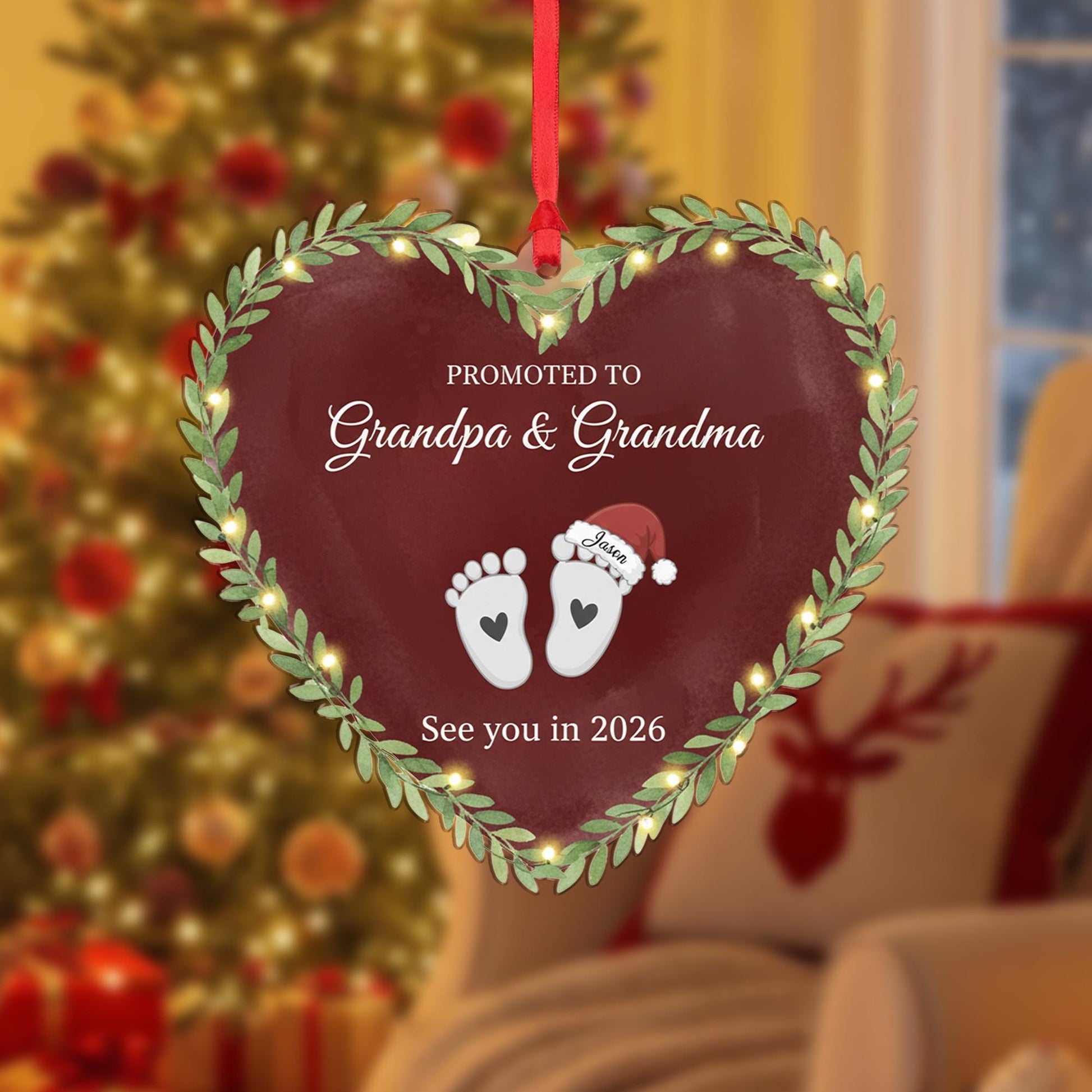 Heart-Shaped Acrylic Ornament: Grandparents Pregnancy Announcement, Baby Footprints, Custom Name & Year image 2