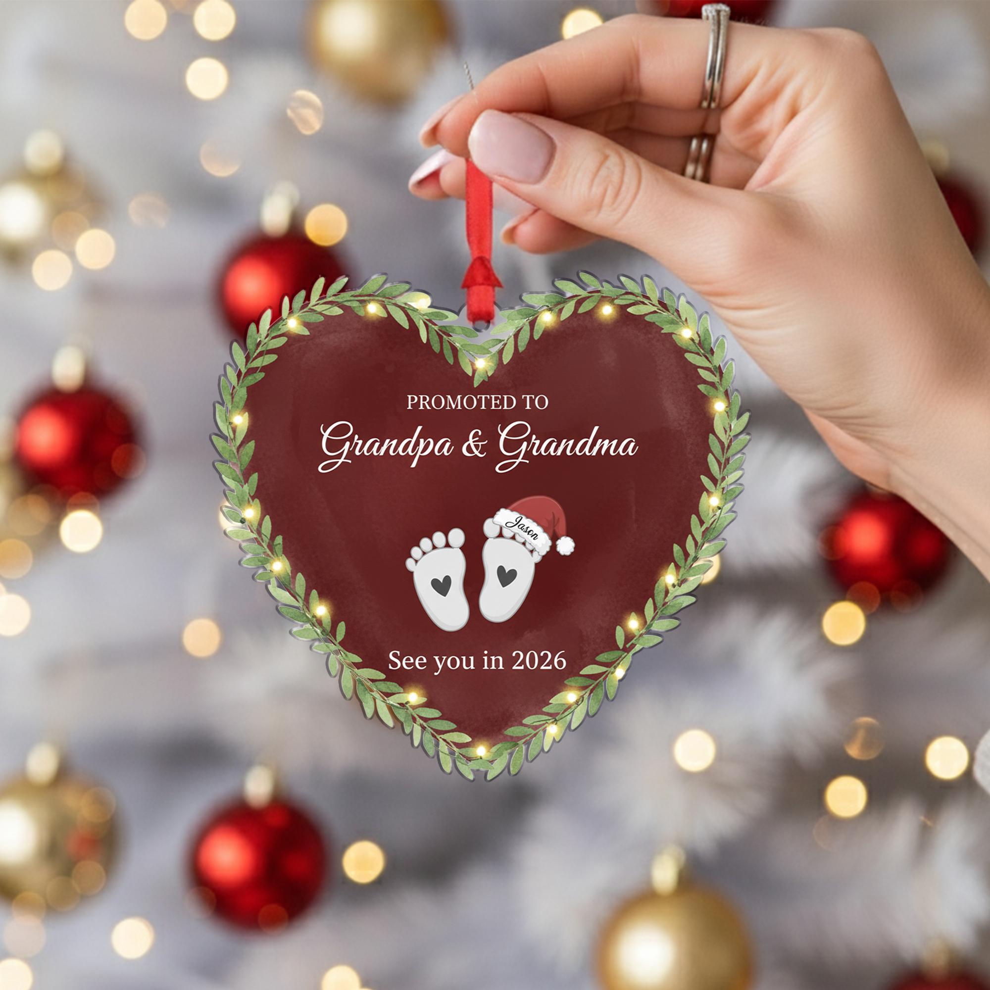 Heart-Shaped Acrylic Ornament: Grandparents Pregnancy Announcement, Baby Footprints, Custom Name & Year image 6