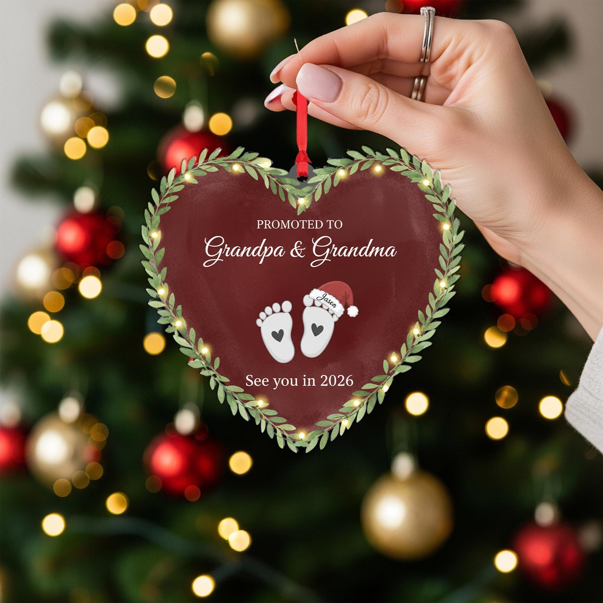 Heart-Shaped Acrylic Ornament: Grandparents Pregnancy Announcement, Baby Footprints, Custom Name & Year image 7