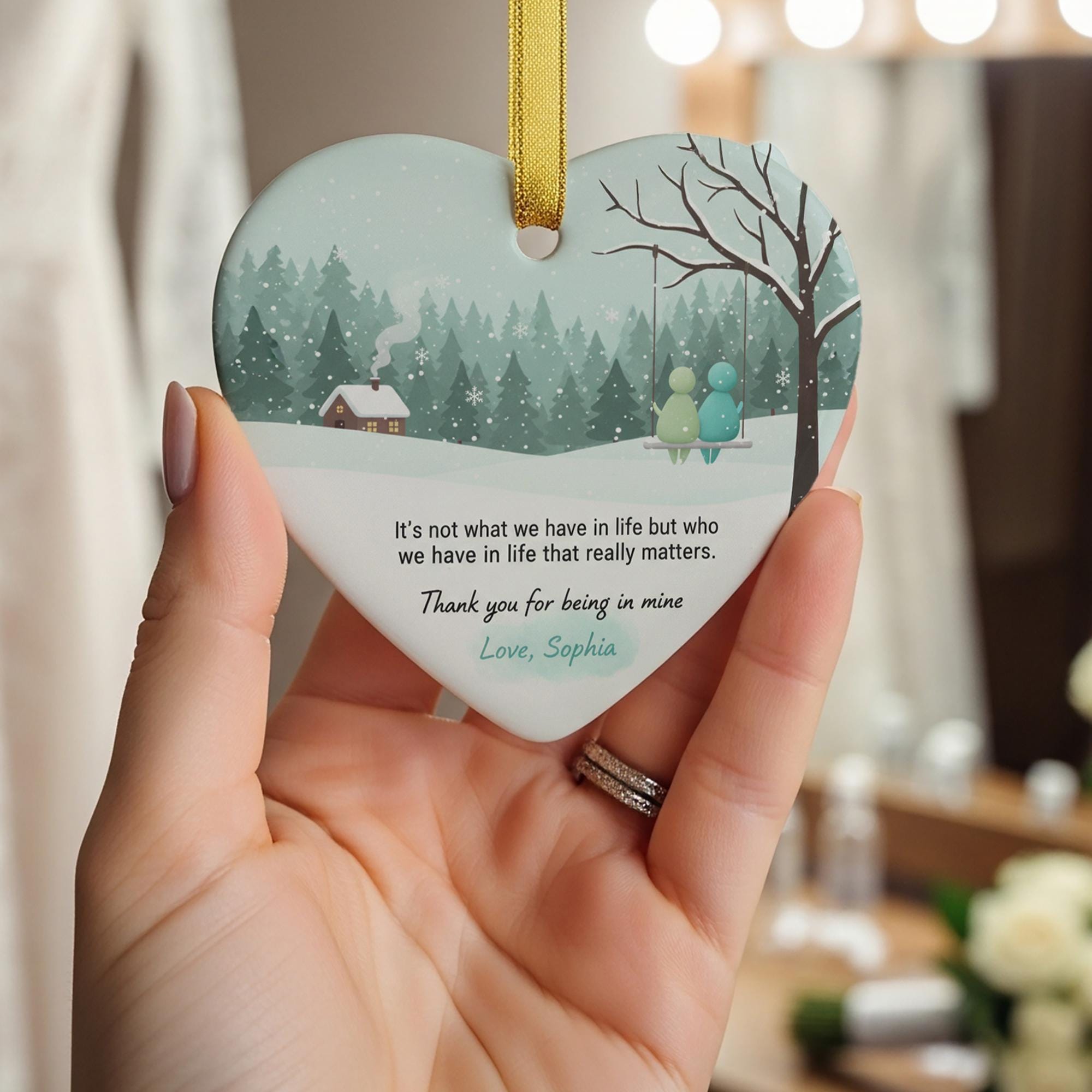 Personalized Ceramic Heart Ornament: Winter Scene with Quote, Couple on Swing, Custom Name image 6