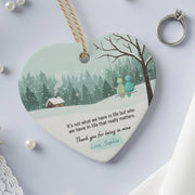 Personalized Ceramic Heart Ornament: Winter Scene with Quote, Couple on Swing, Custom Name image 1