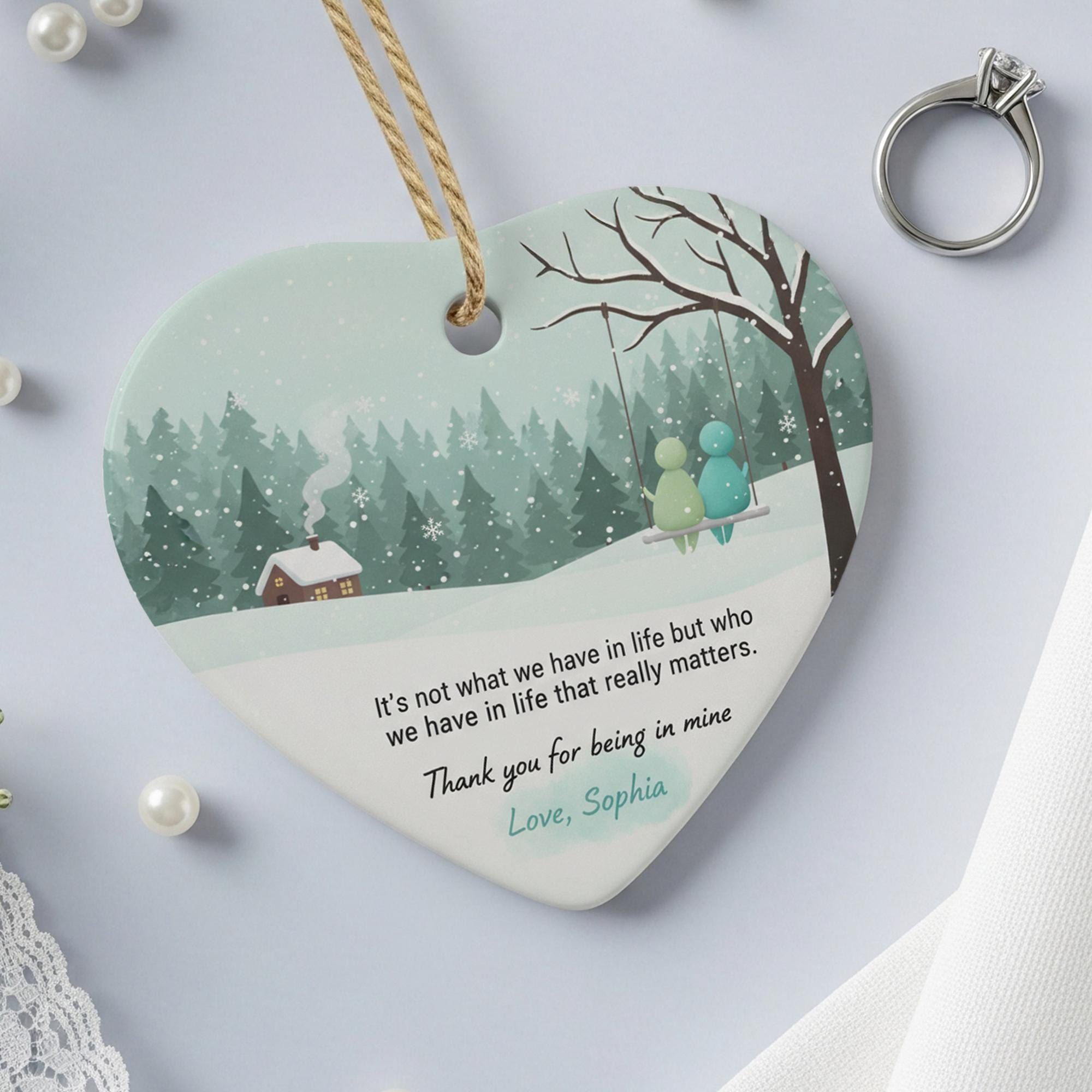 Personalized Ceramic Heart Ornament: Winter Scene with Quote, Couple on Swing, Custom Name image 1