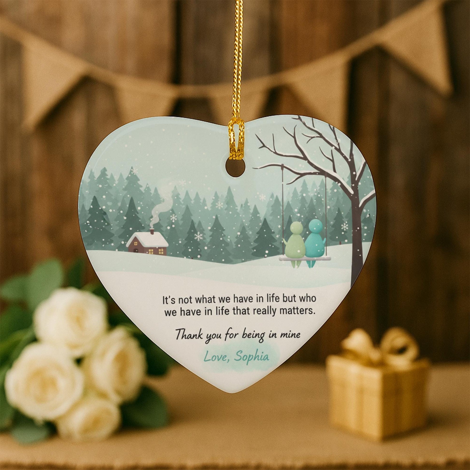 Personalized Ceramic Heart Ornament: Winter Scene with Quote, Couple on Swing, Custom Name image 3