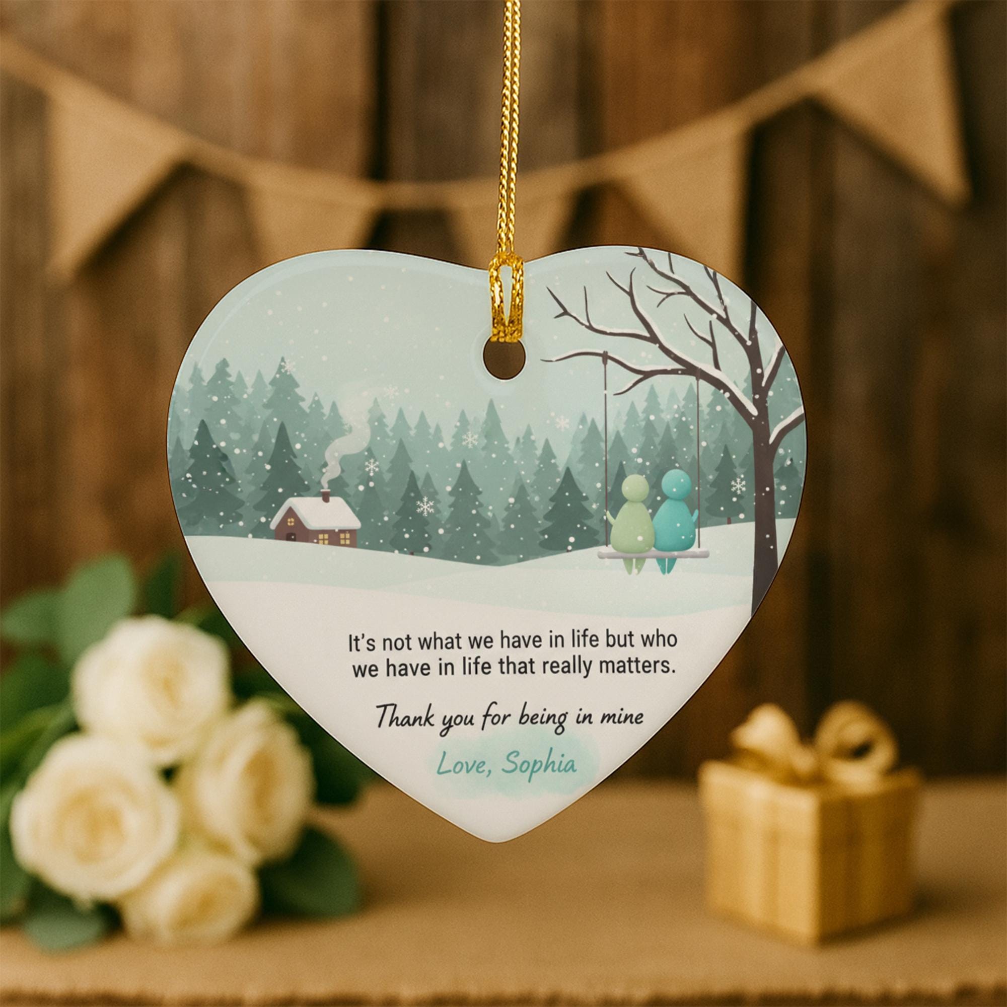 Personalized Ceramic Heart Ornament: Winter Scene with Quote, Couple on Swing, Custom Name image 3