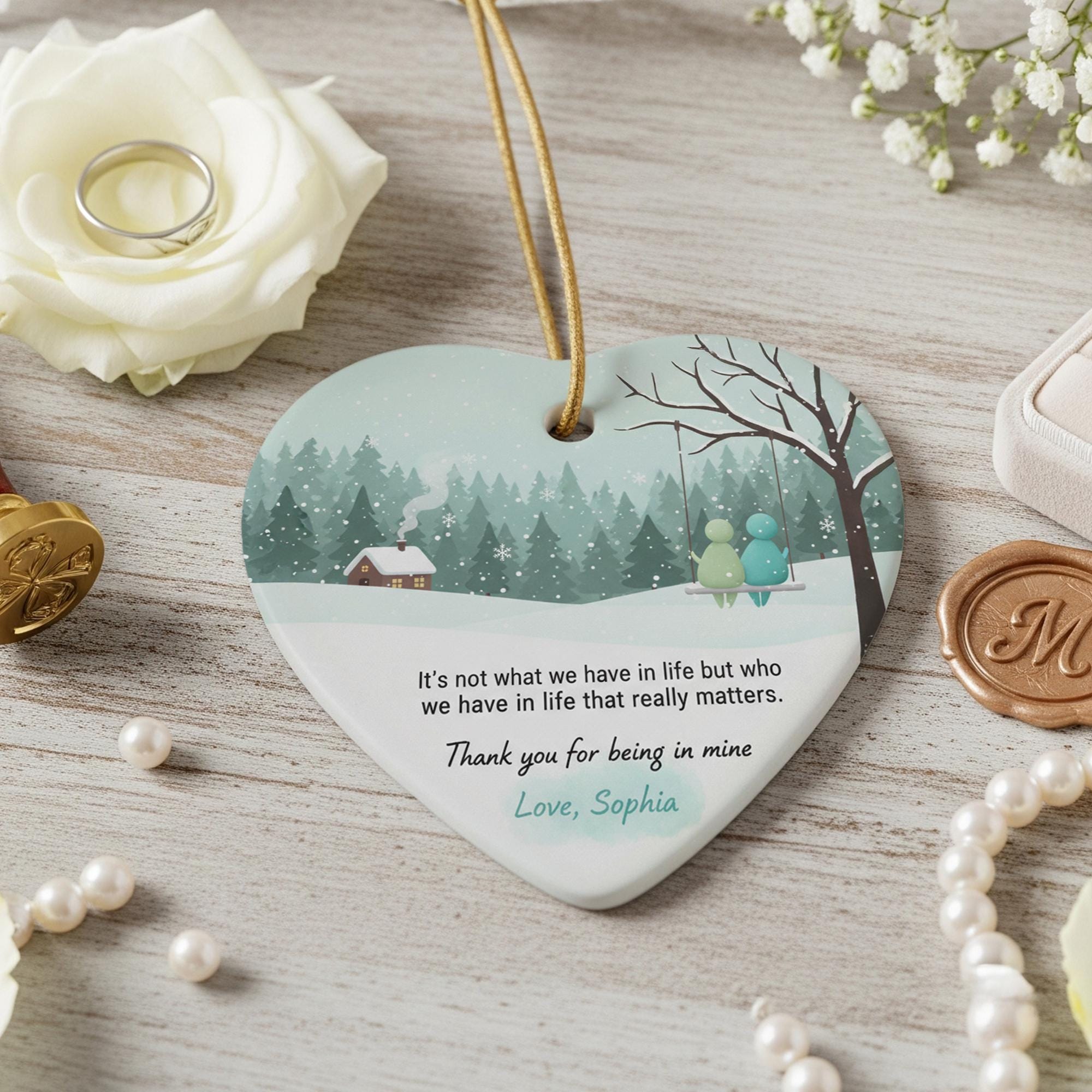 Personalized Ceramic Heart Ornament: Winter Scene with Quote, Couple on Swing, Custom Name image 5