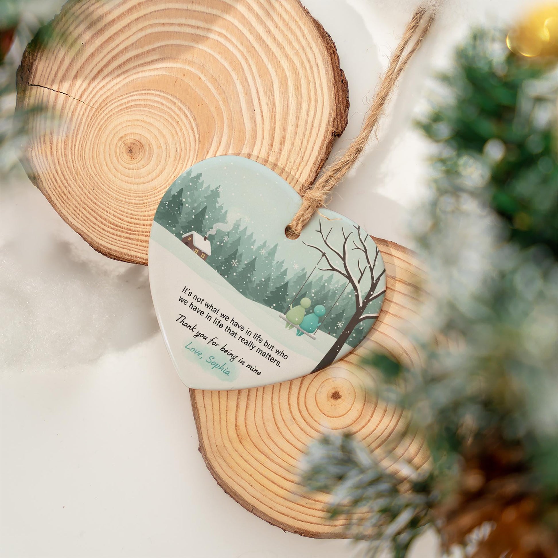 Personalized Ceramic Heart Ornament: Winter Scene with Quote, Couple on Swing, Custom Name image 9