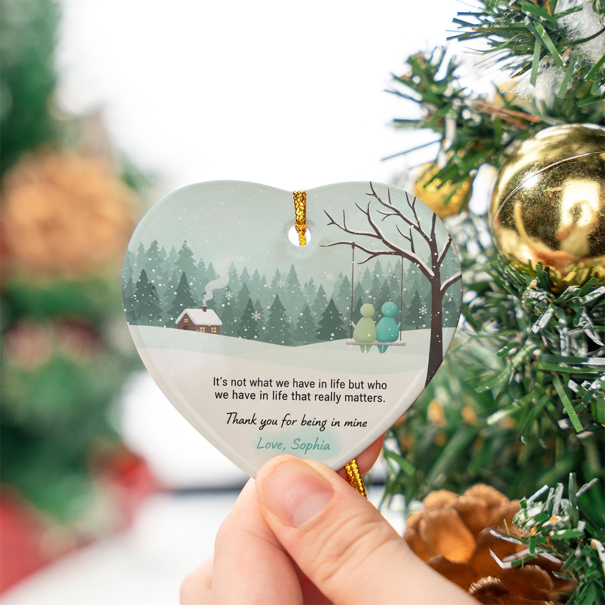 Personalized Ceramic Heart Ornament: Winter Scene with Quote, Couple on Swing, Custom Name image 8