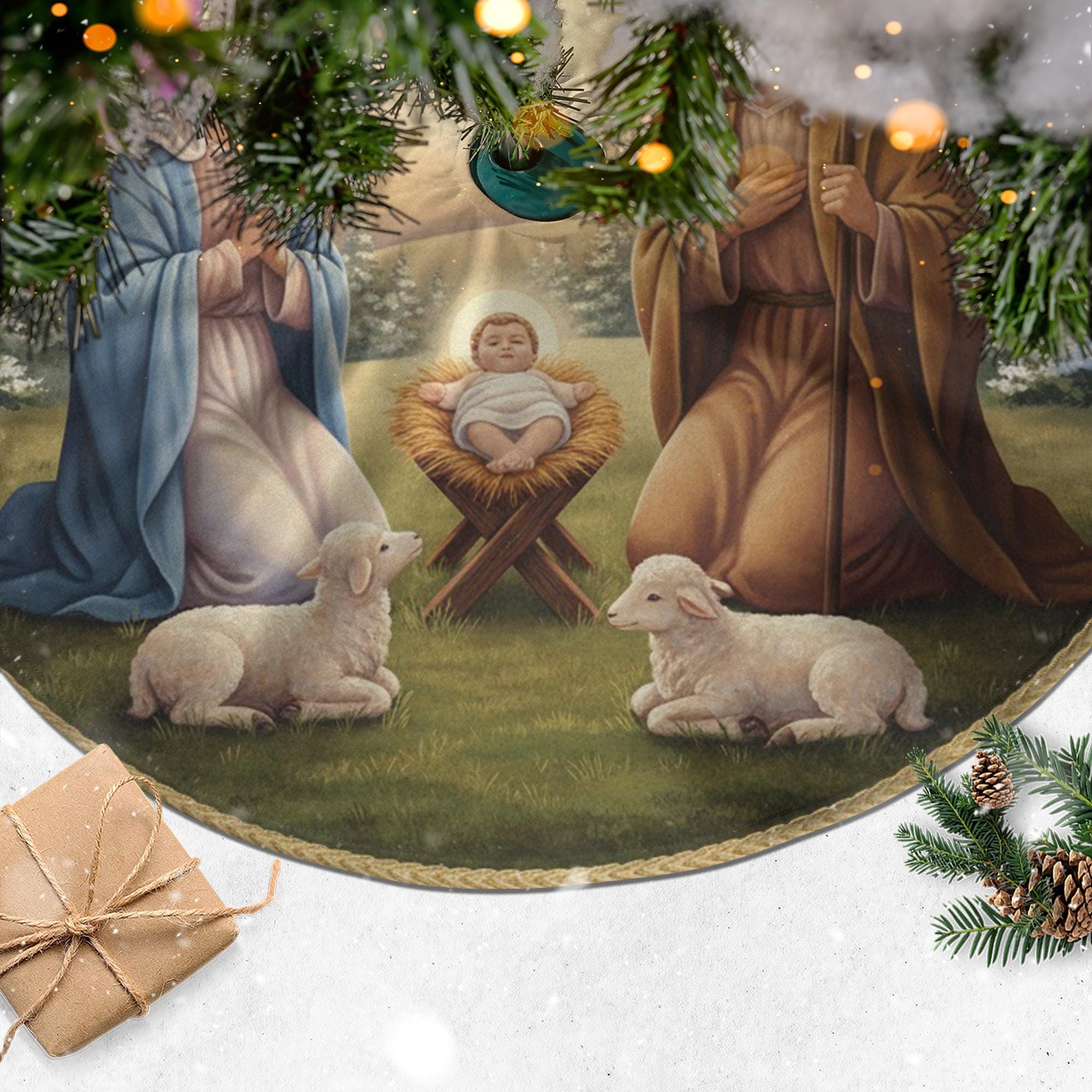 Nativity Scene Christmas Tree Skirt – Holy Family Design, Blue & Gold Border image 2