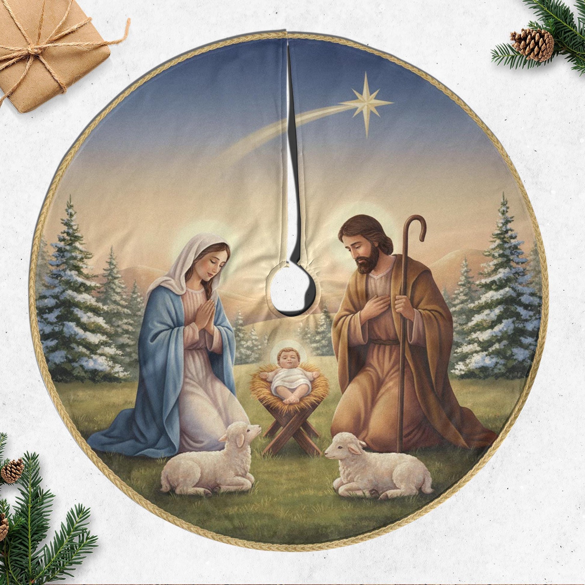 Nativity Scene Christmas Tree Skirt – Holy Family Design, Blue & Gold Border image 3