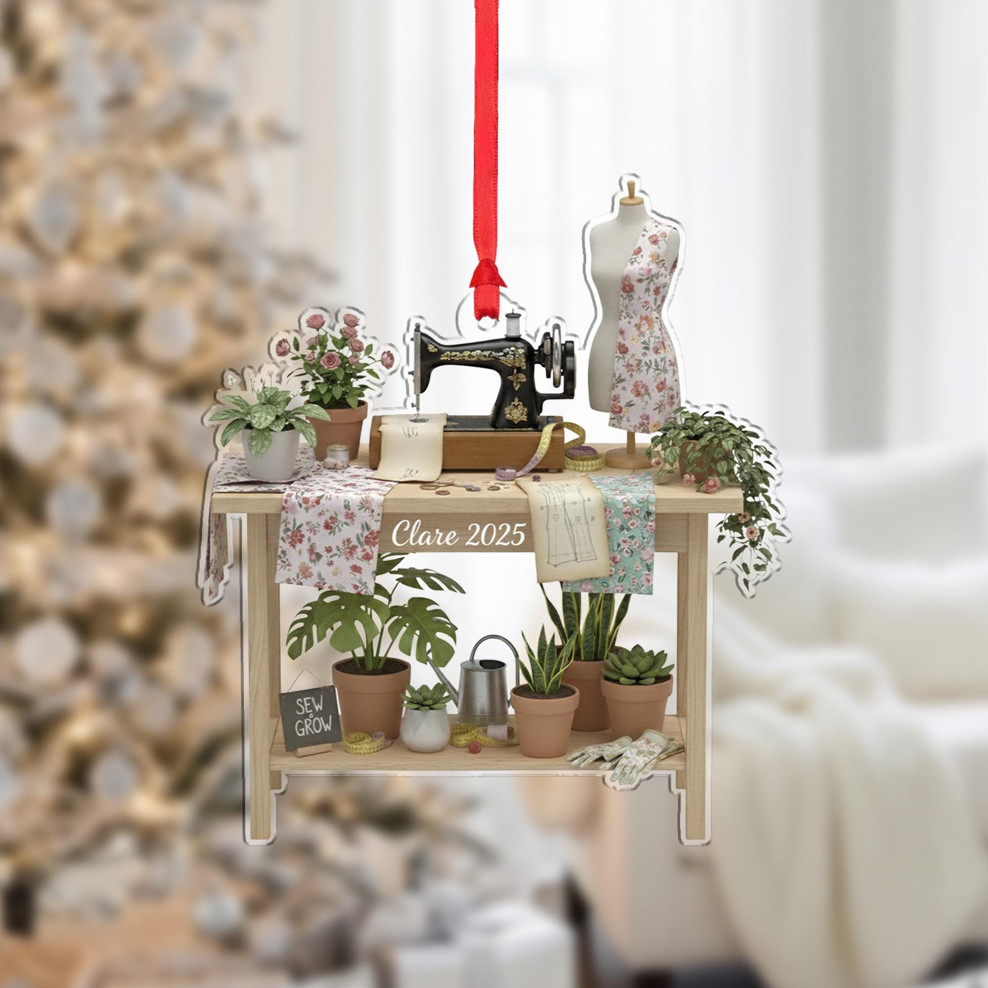 Personalized Acrylic Ornament: Sewing and Gardening Table, Custom Shape, Personalized Name & Year image 1