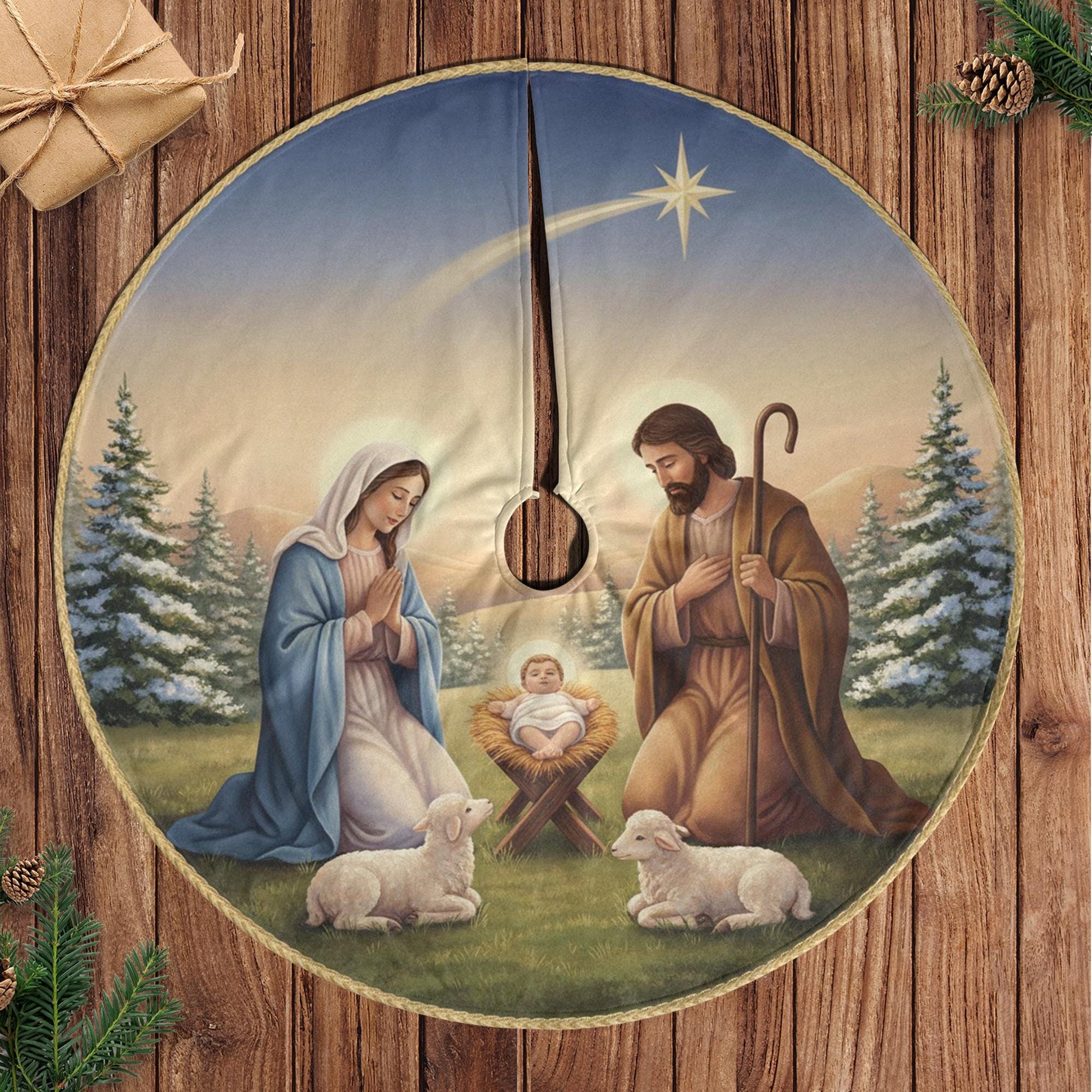 Nativity Scene Christmas Tree Skirt – Holy Family Design, Blue & Gold Border image 4