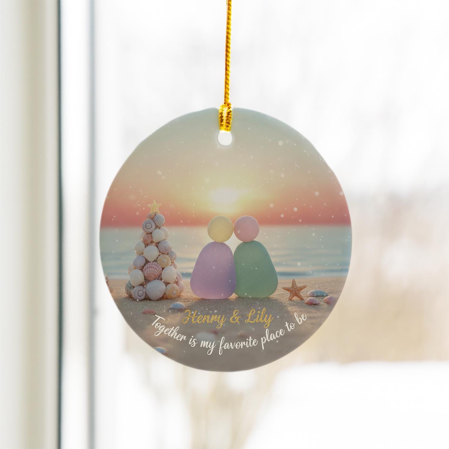 Personalized Ceramic Ornament: Sea Glass Couple, Beach Sunset, Seashell Tree, Custom Names image 5