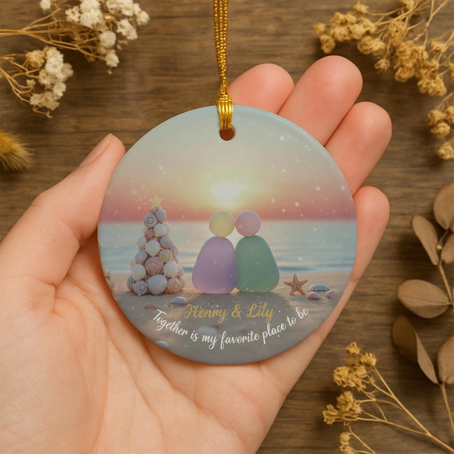 Personalized Ceramic Ornament: Sea Glass Couple, Beach Sunset, Seashell Tree, Custom Names image 6