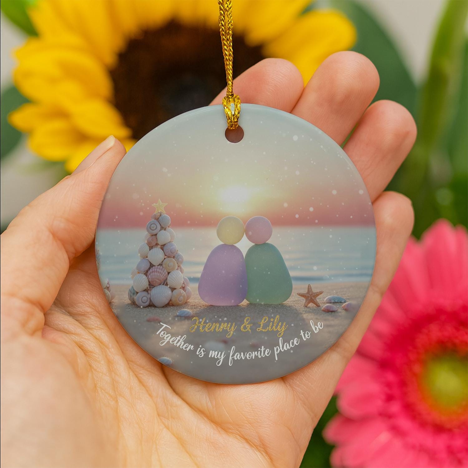 Personalized Ceramic Ornament: Sea Glass Couple, Beach Sunset, Seashell Tree, Custom Names image 7