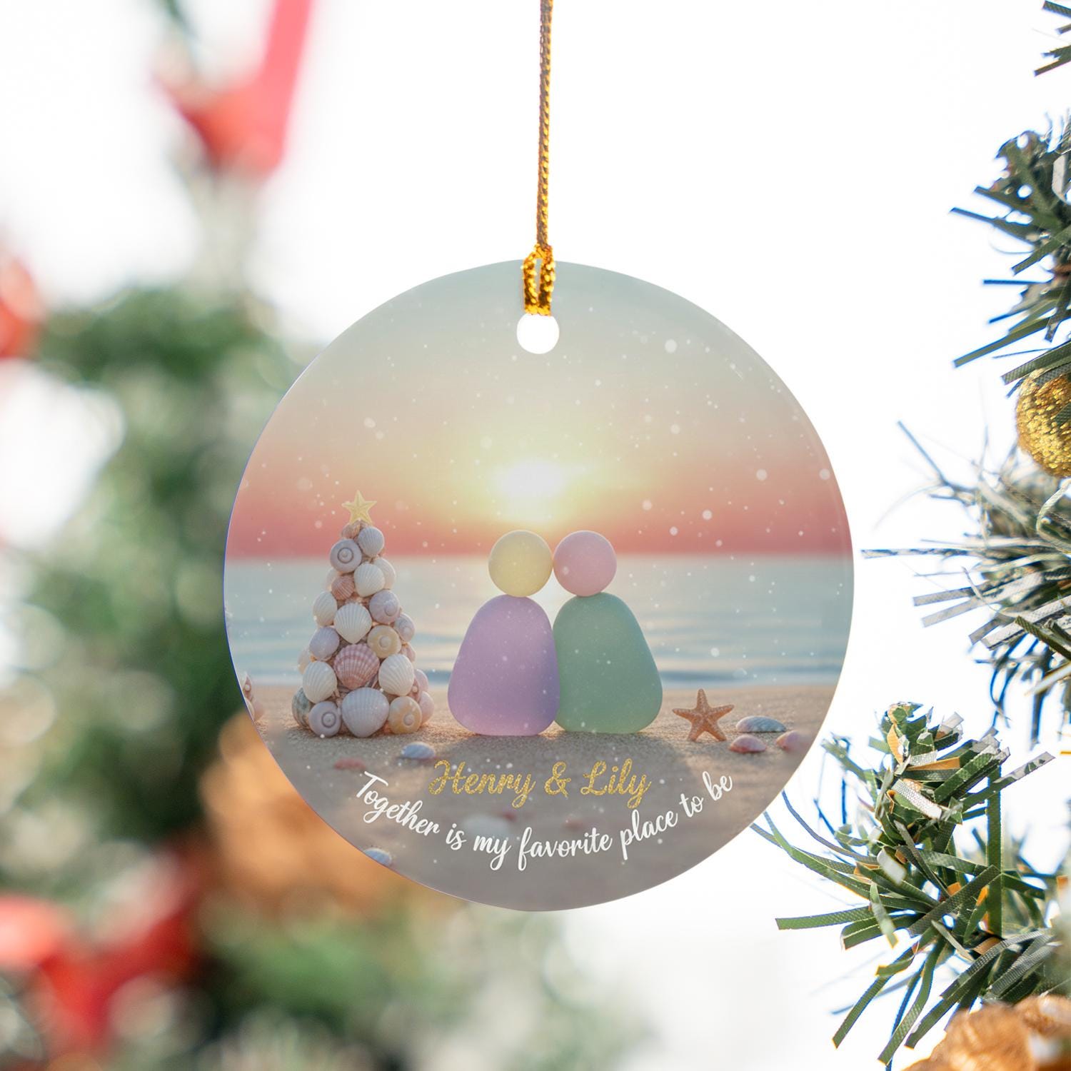Personalized Ceramic Ornament: Sea Glass Couple, Beach Sunset, Seashell Tree, Custom Names image 3