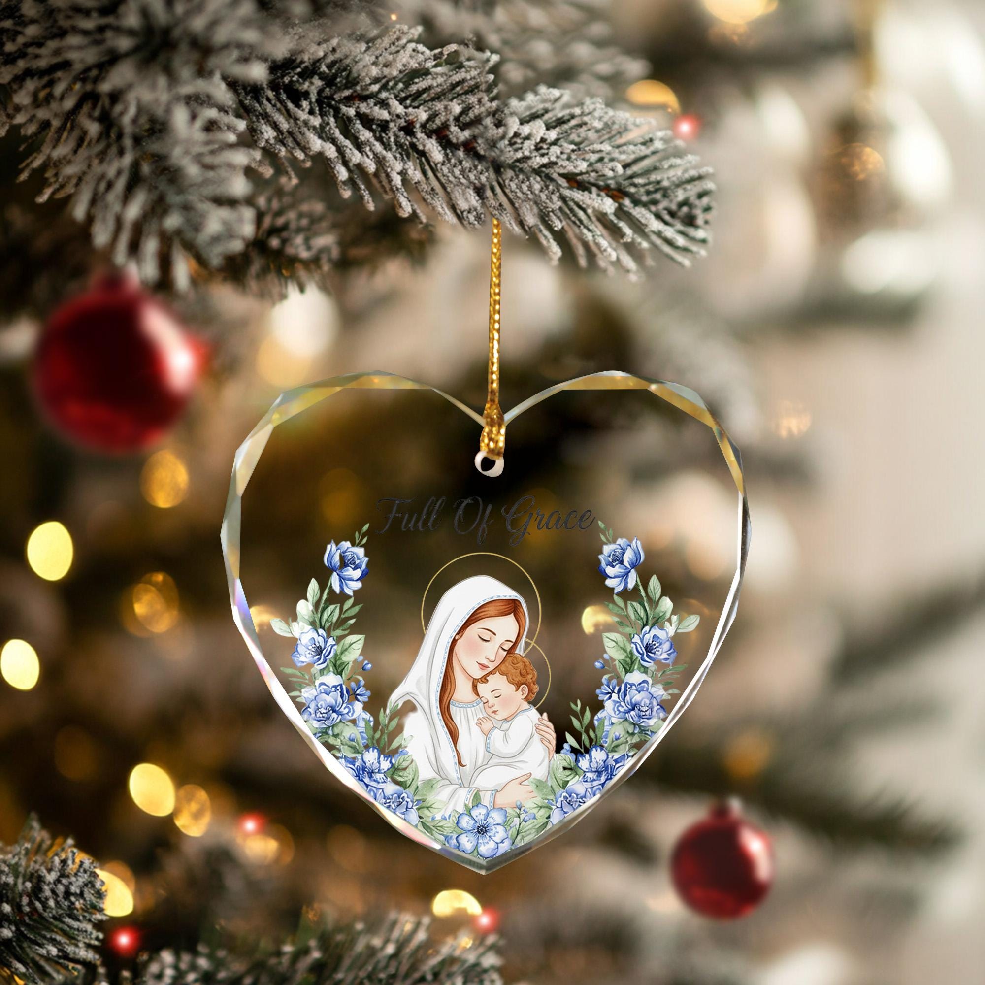 Heart-Shaped Glass Ornament: Madonna and Child Illustration, Religious Decor, Full Of Grace Quote image 4