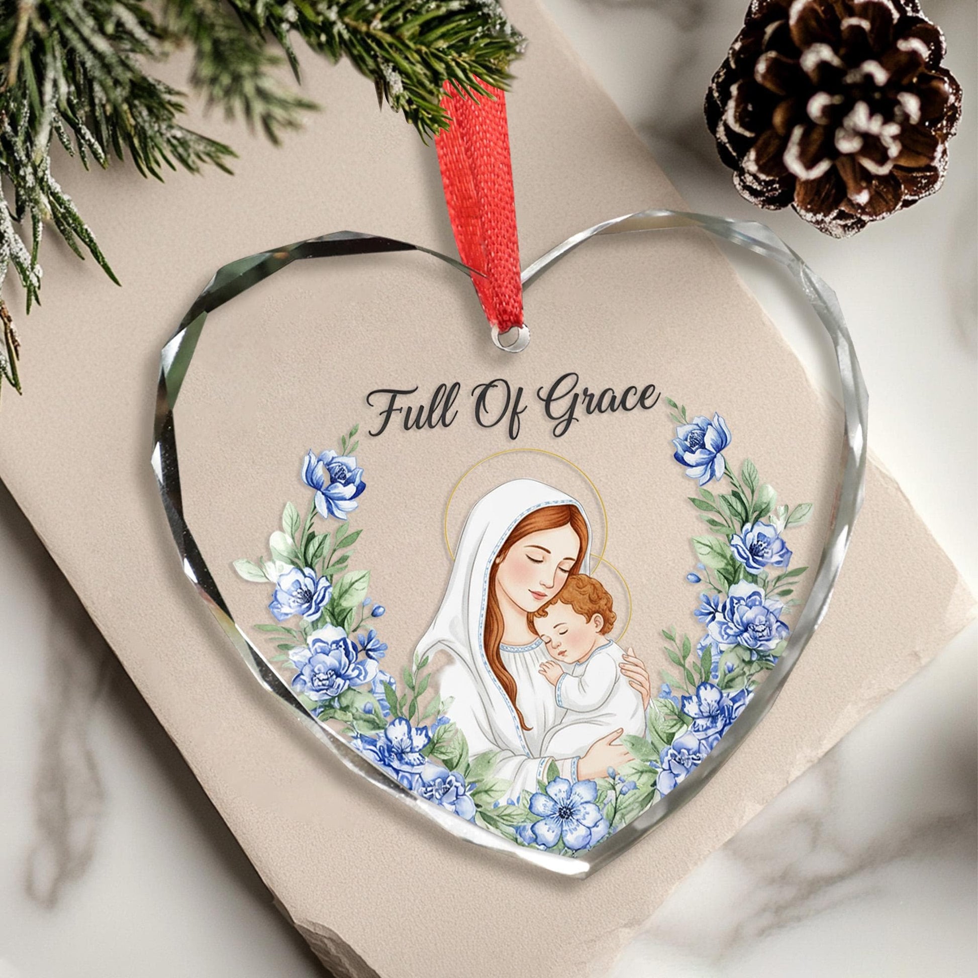 Heart-Shaped Glass Ornament: Madonna and Child Illustration, Religious Decor, Full Of Grace Quote image 1