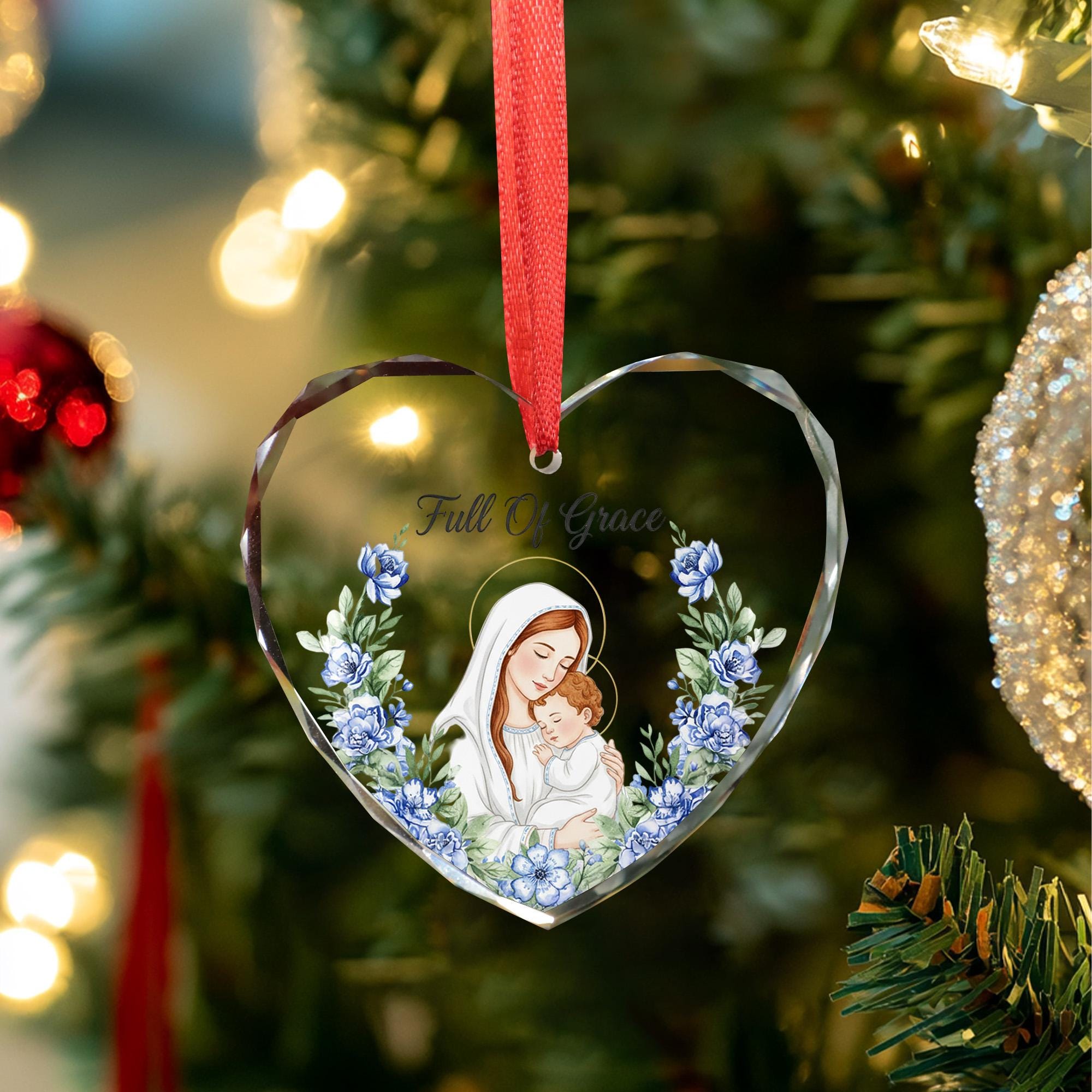 Heart-Shaped Glass Ornament: Madonna and Child Illustration, Religious Decor, Full Of Grace Quote image 5