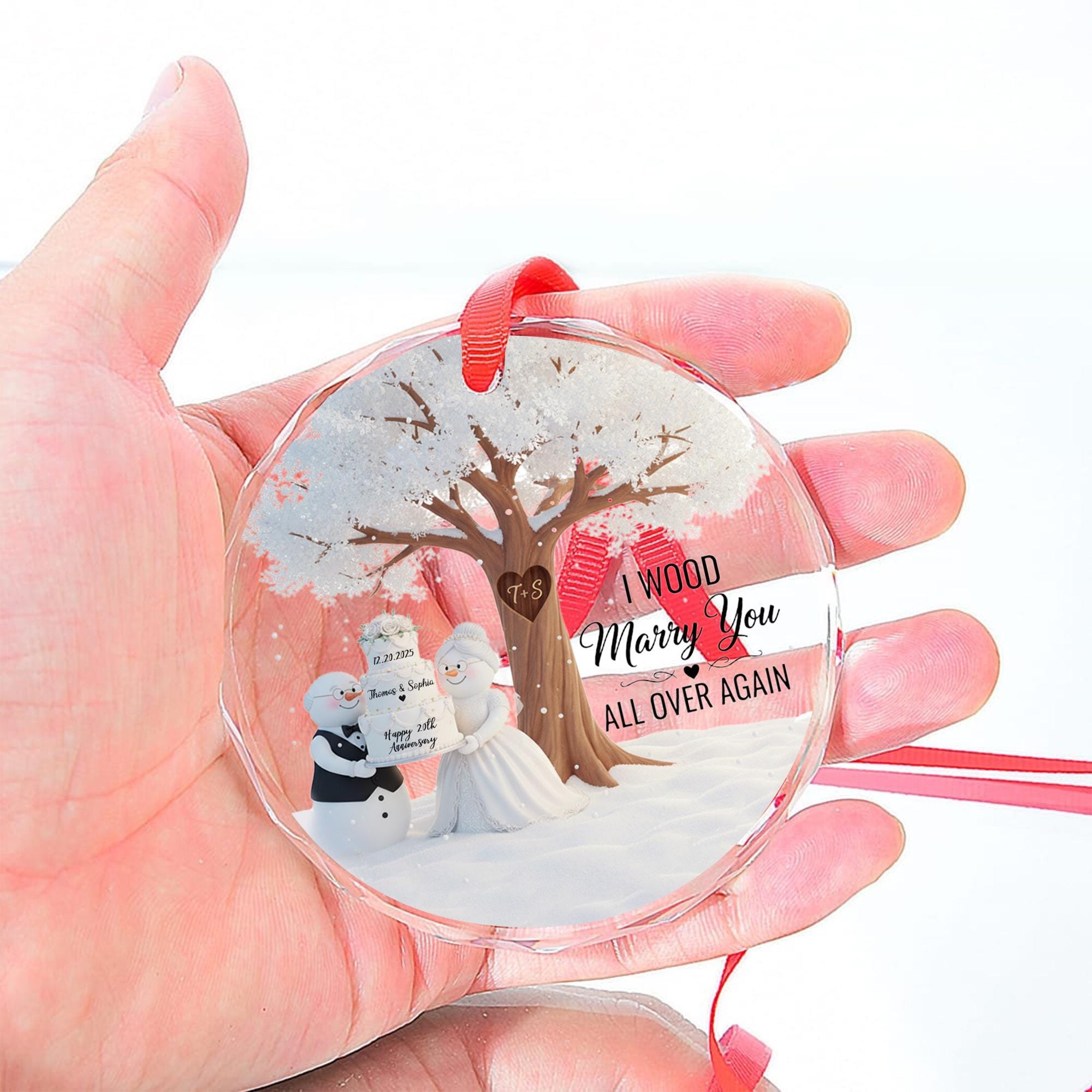 Personalized Glass Ornament: Anniversary Snowman Couple, Winter Scene, Custom Names & Date image 2