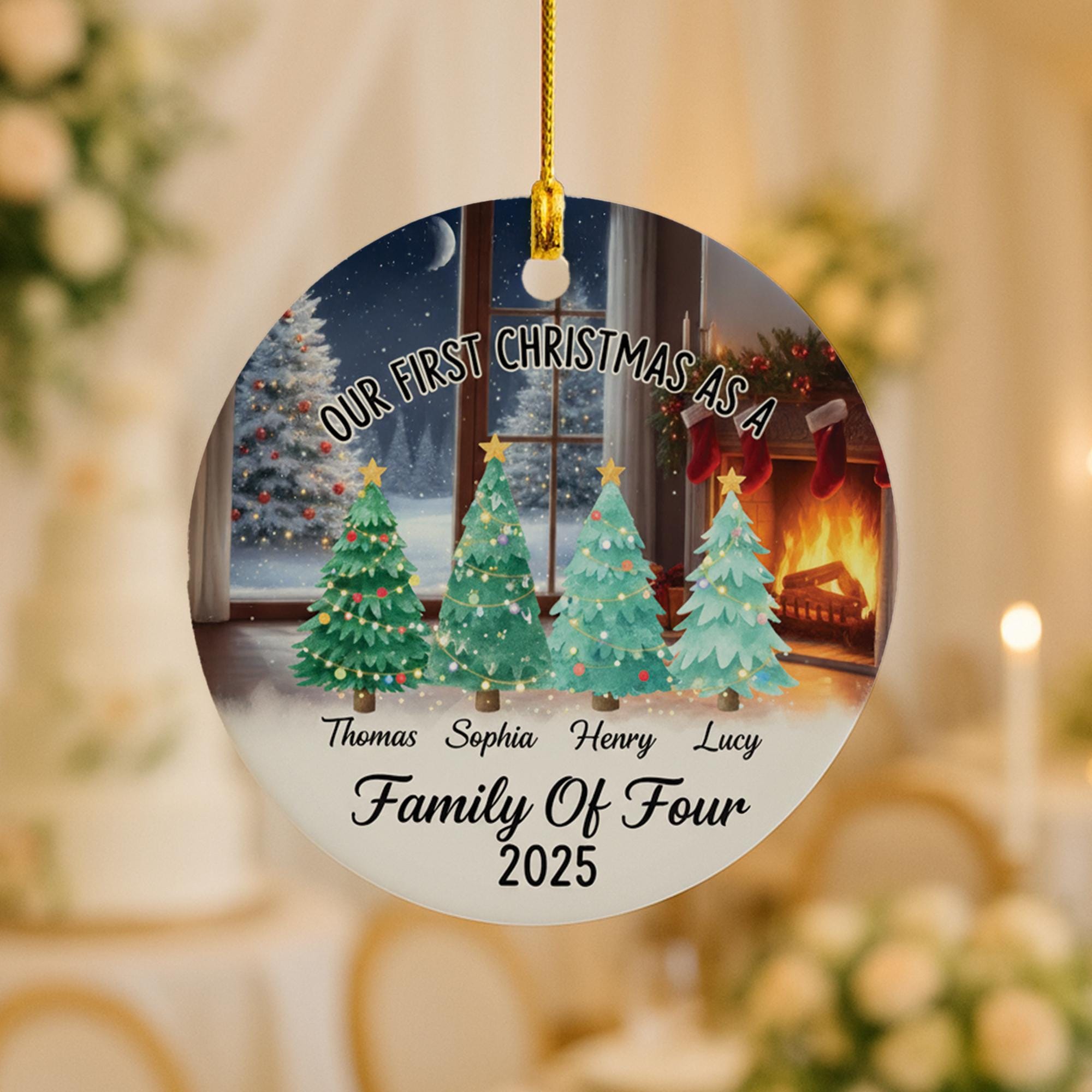 Personalized Family of Four Ceramic Ornament: First Christmas, Custom Names image 2