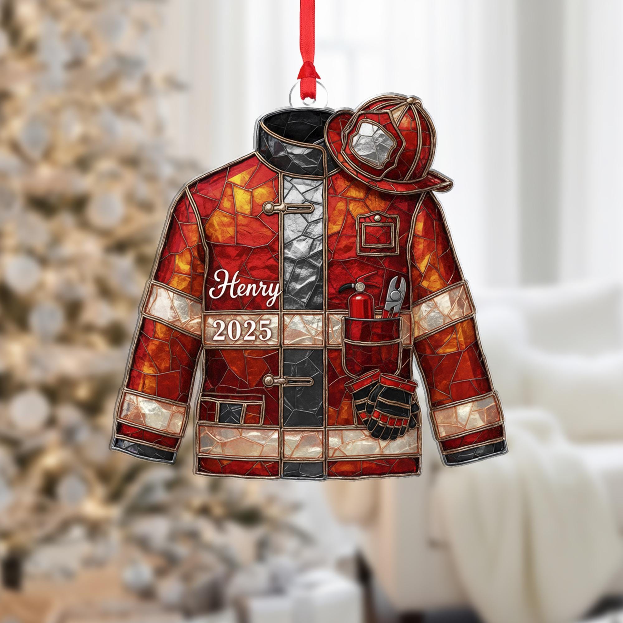Personalized Acrylic Ornament: Firefighter Jacket Shape, Custom Name & Year image 1