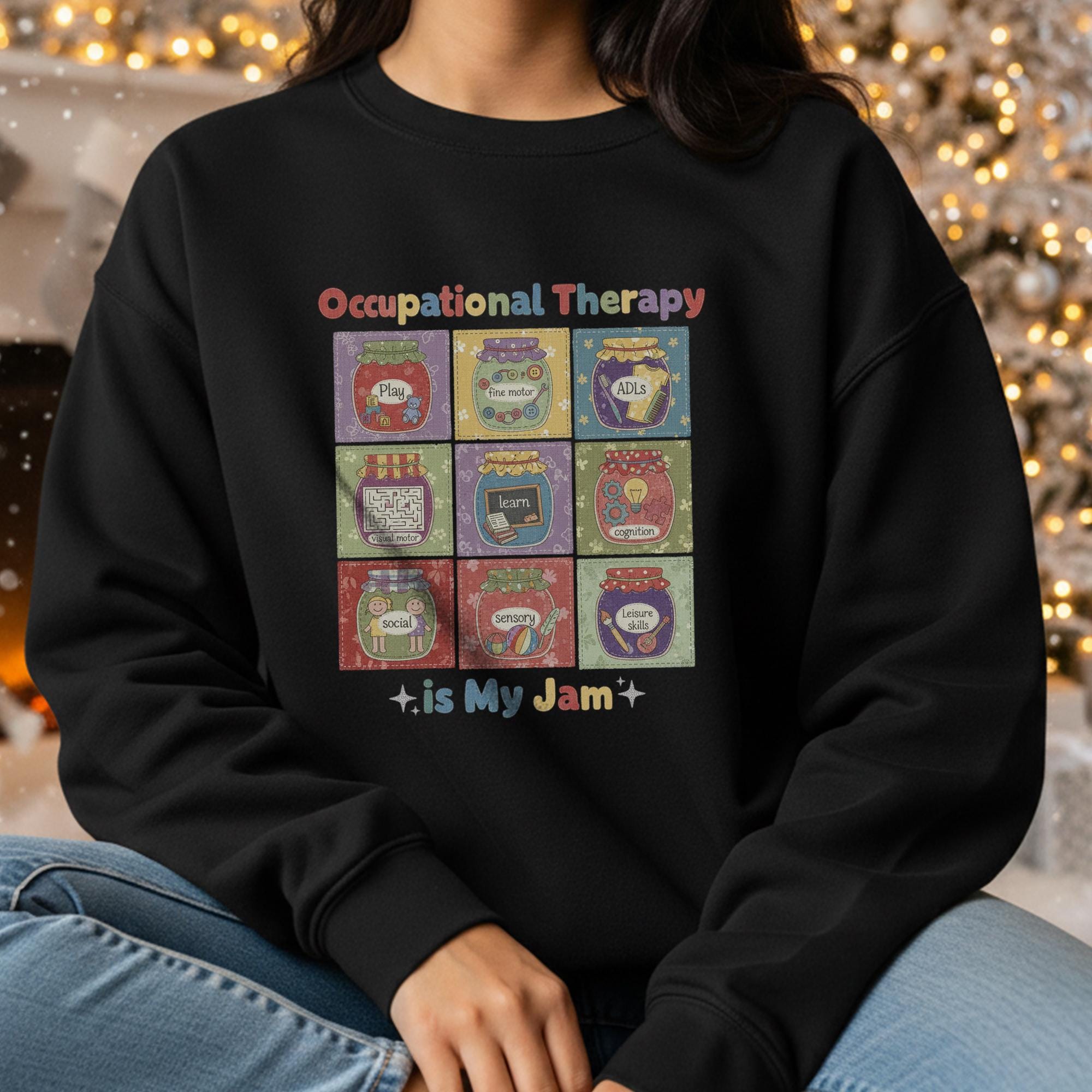 Occupational Therapy Sweatshirt: "OT Is My Jam" Quote, 9-Grid Jars Graphic, Therapist Crewneck image 3