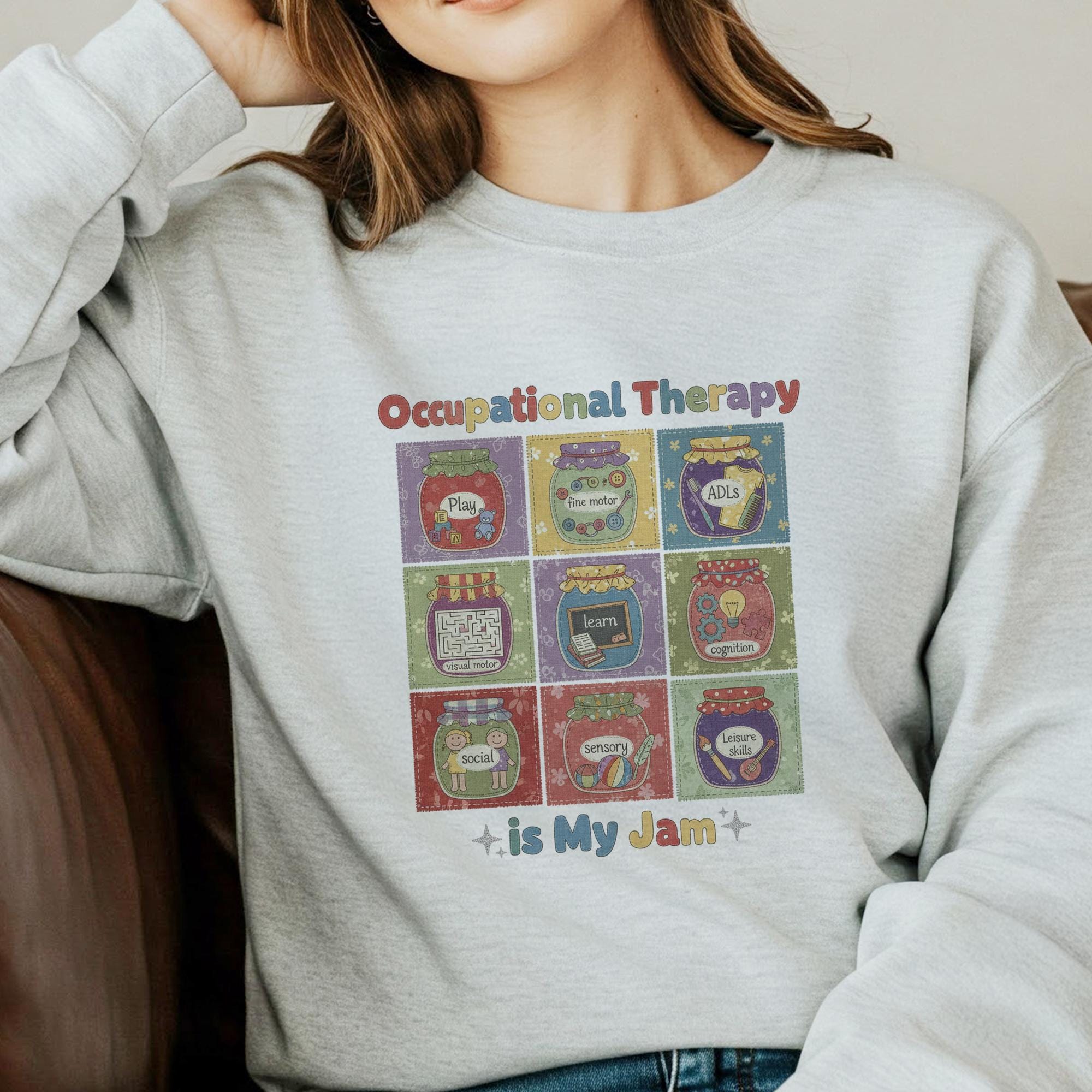 Occupational Therapy Sweatshirt: "OT Is My Jam" Quote, 9-Grid Jars Graphic, Therapist Crewneck image 10