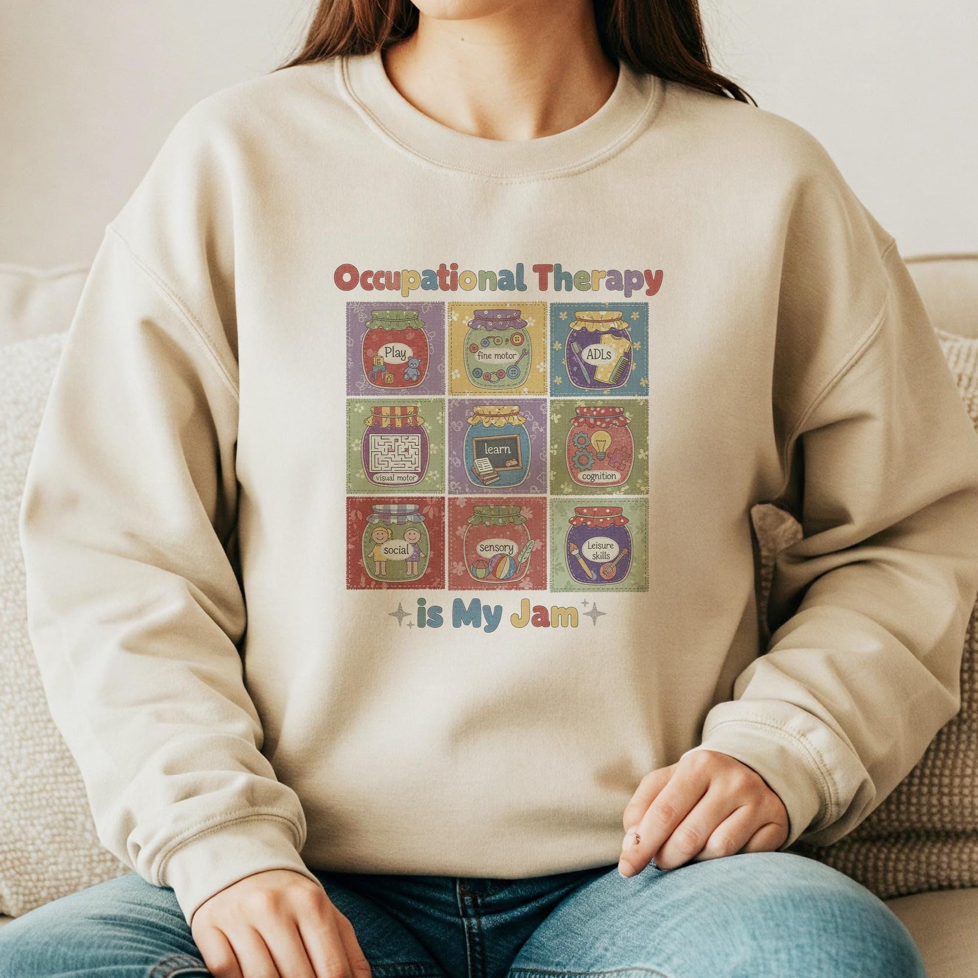 Occupational Therapy Sweatshirt: "OT Is My Jam" Quote, 9-Grid Jars Graphic, Therapist Crewneck image 4