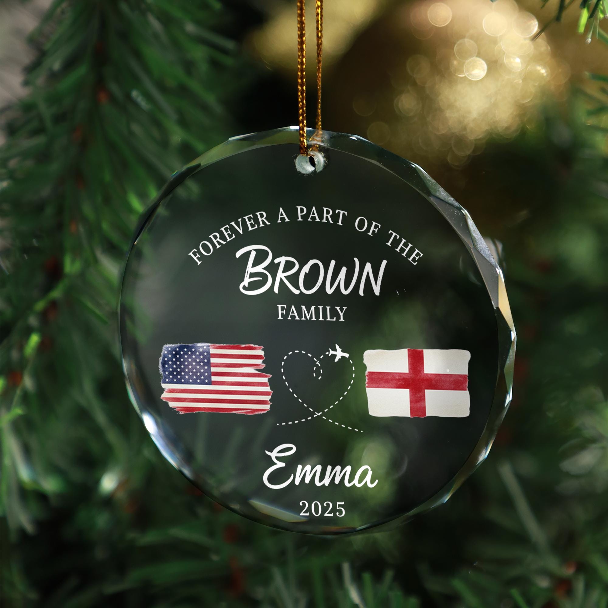 Personalized Glass Ornament with Name and Flags, Long Distance Family Round Holiday Decoration image 2
