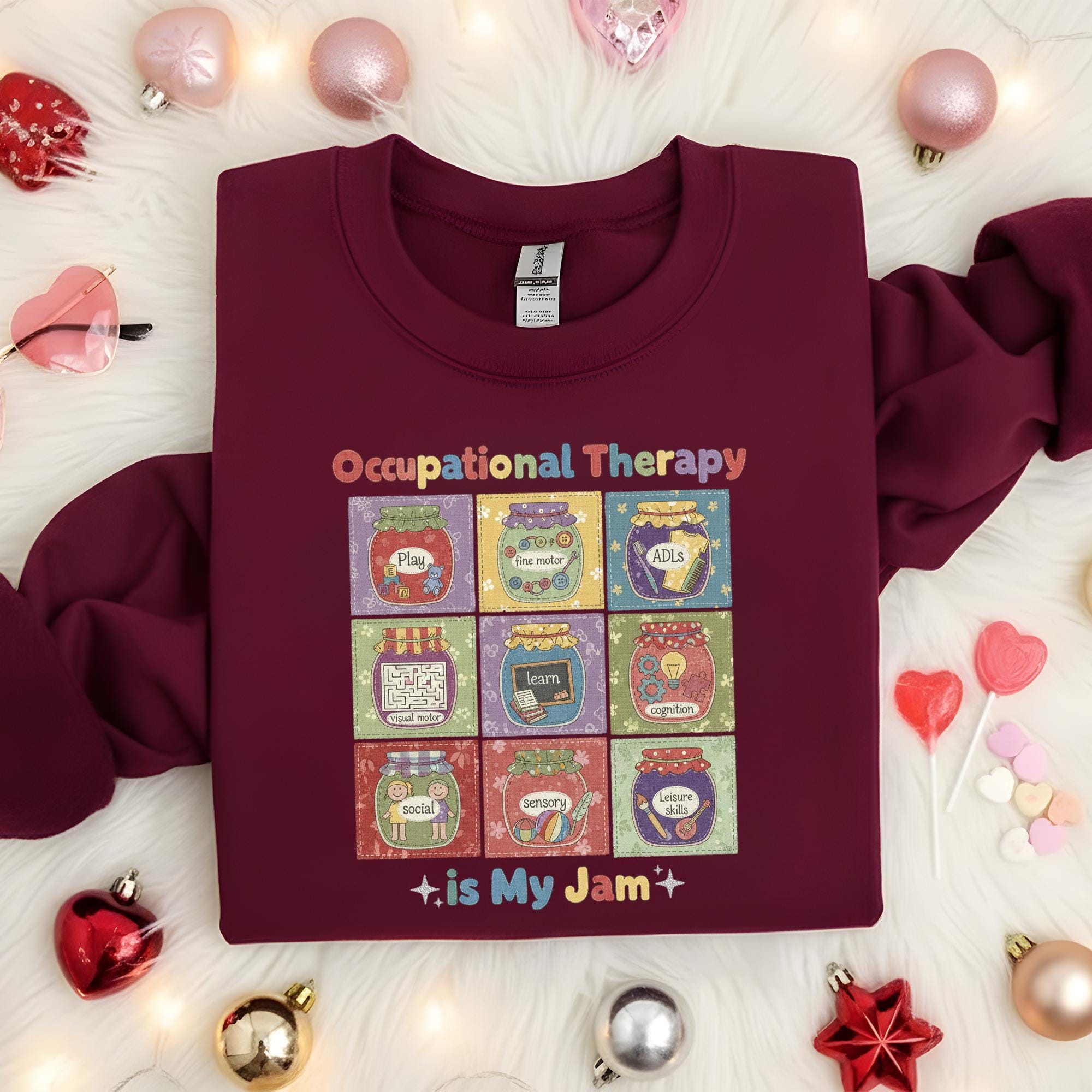 Occupational Therapy Sweatshirt: "OT Is My Jam" Quote, 9-Grid Jars Graphic, Therapist Crewneck image 1