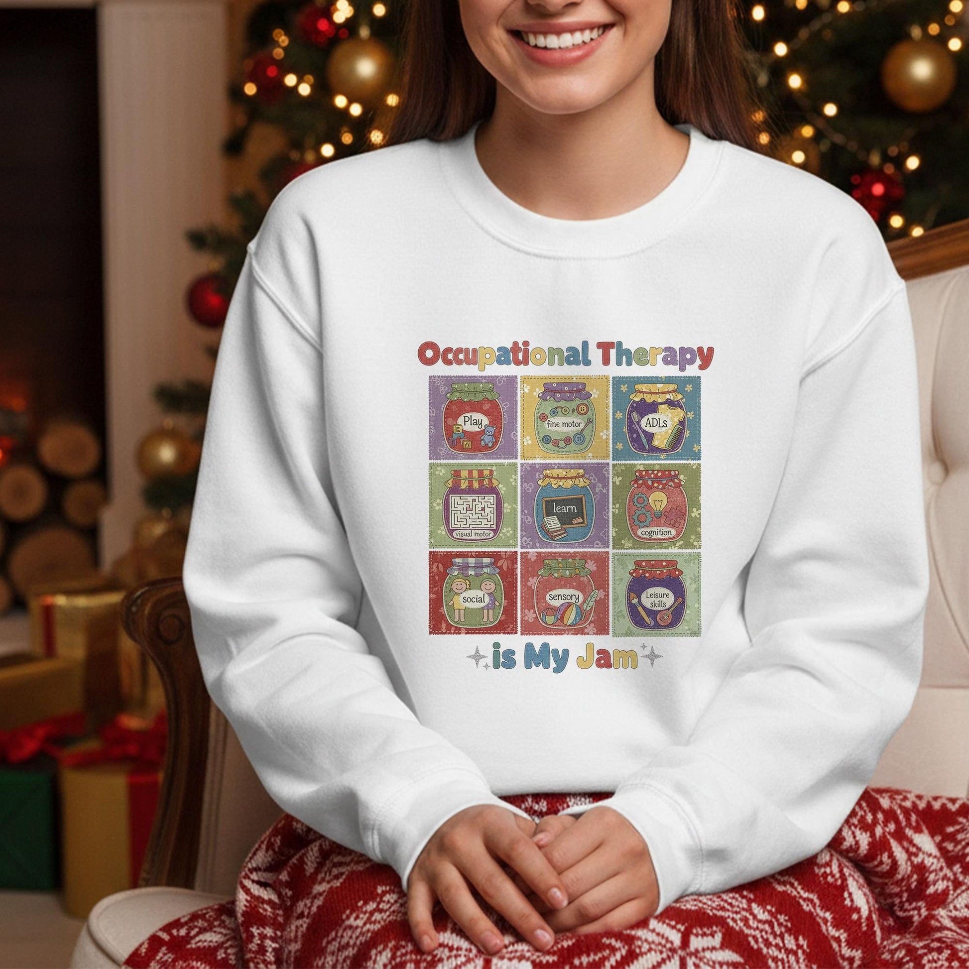 Occupational Therapy Sweatshirt: "OT Is My Jam" Quote, 9-Grid Jars Graphic, Therapist Crewneck image 2