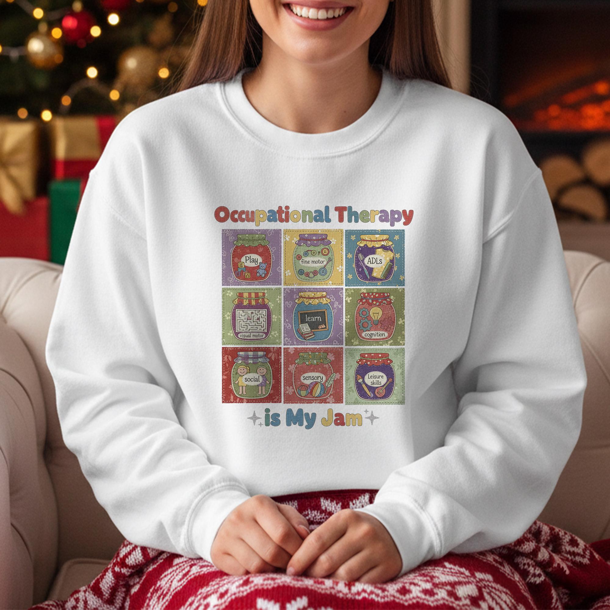 Occupational Therapy Sweatshirt: "OT Is My Jam" Quote, 9-Grid Jars Graphic, Therapist Crewneck image 13
