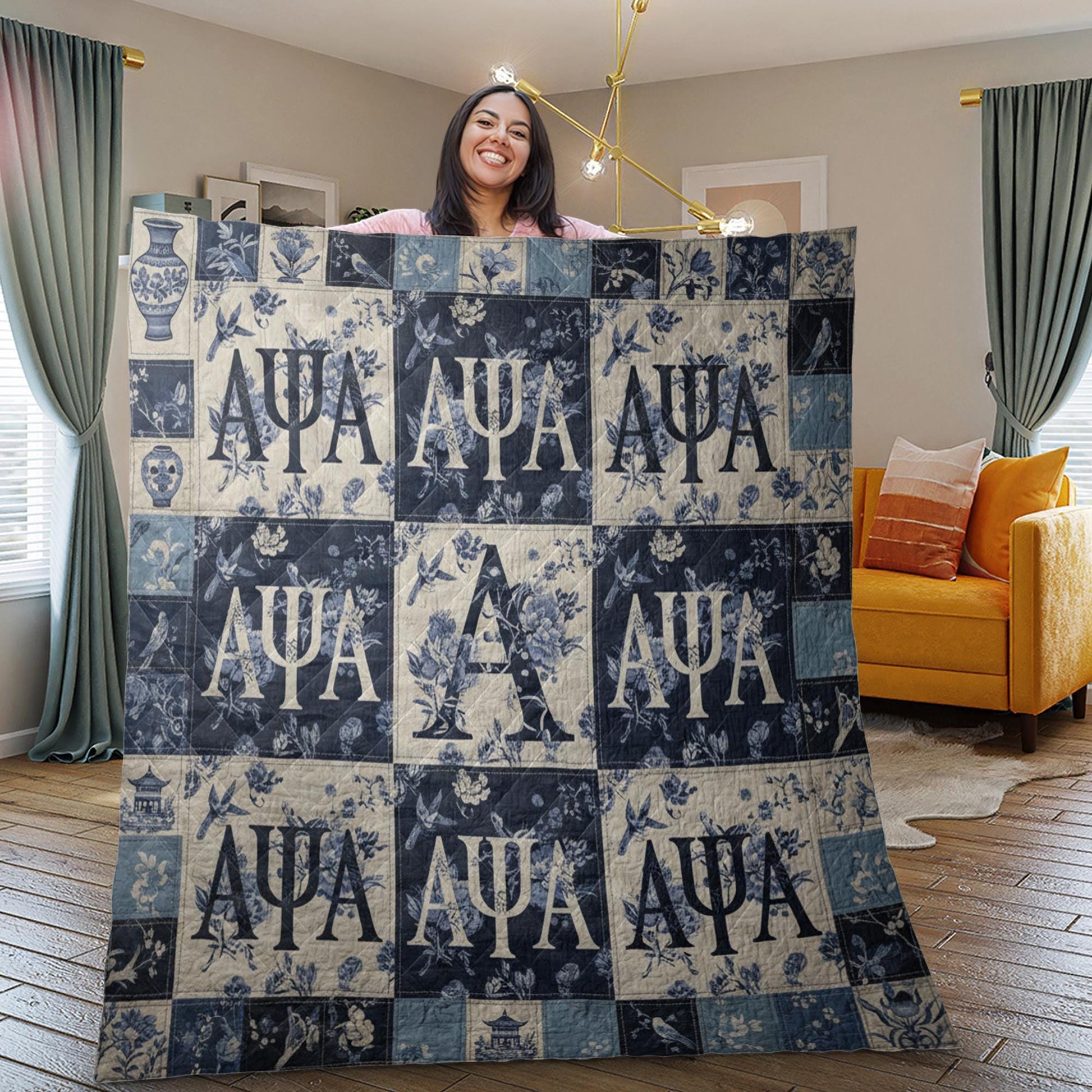 Alpha Psi Alpha Quilt: Blue Chinoiserie Floral Patchwork image 2
