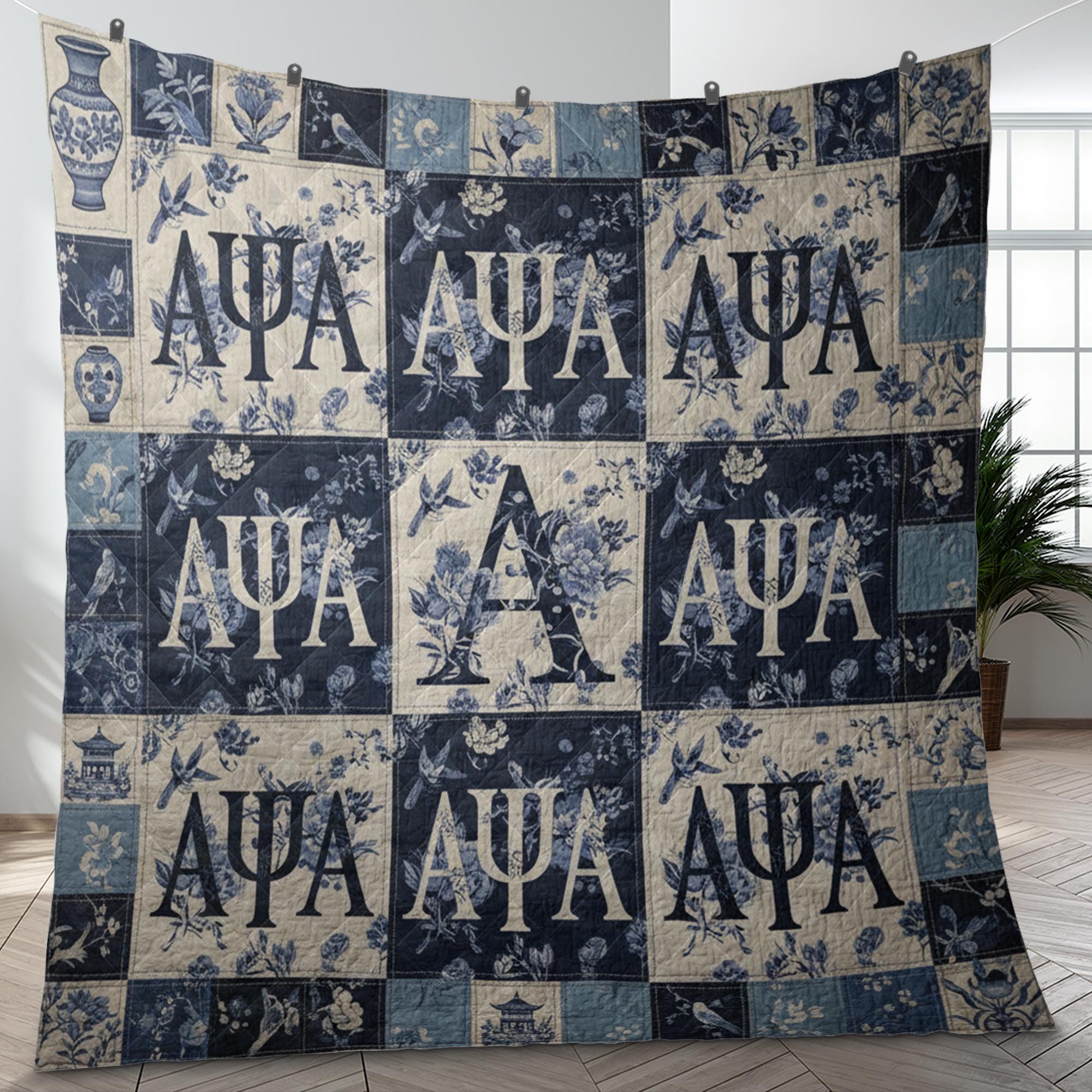 Alpha Psi Alpha Quilt: Blue Chinoiserie Floral Patchwork image 1