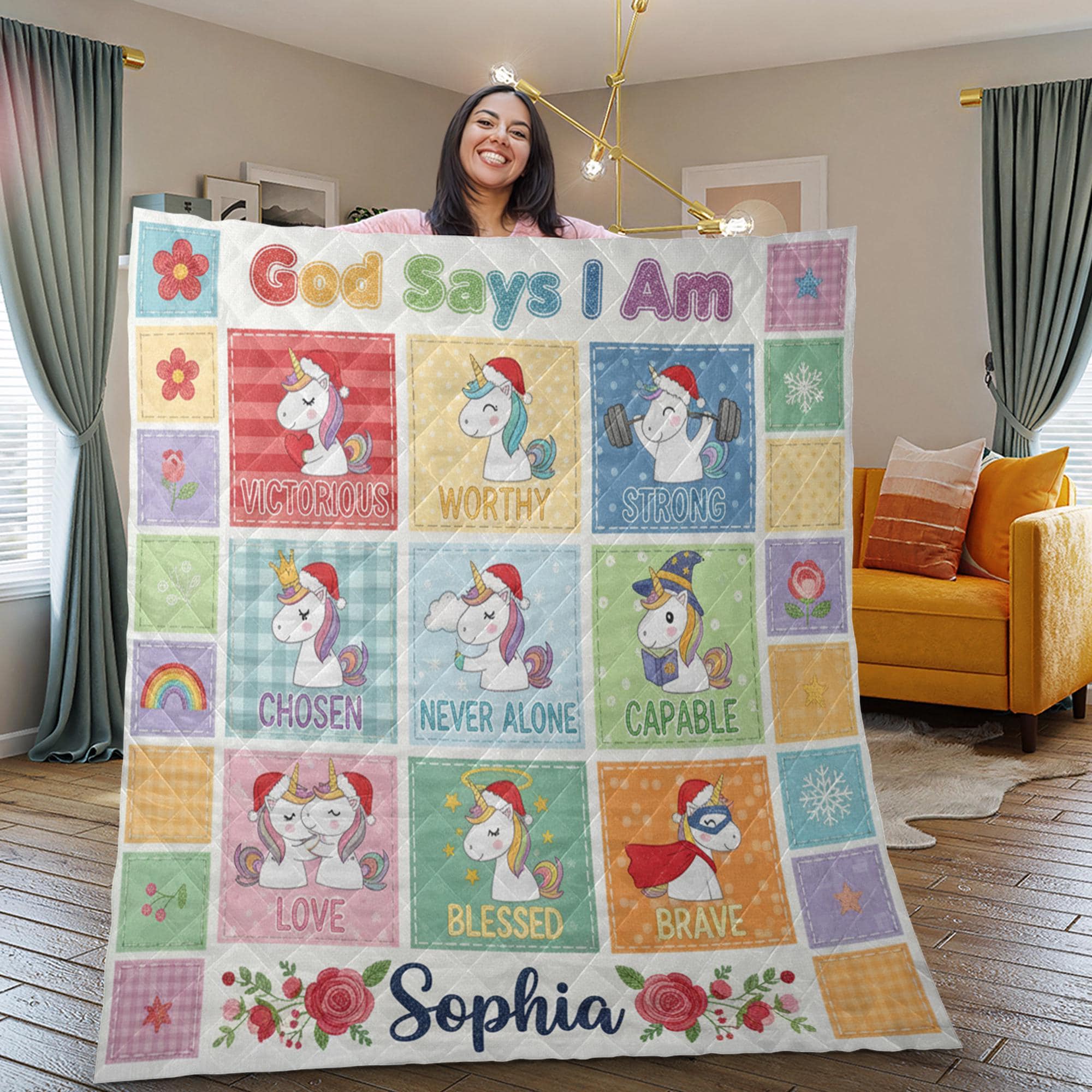 Personalized Quilt Blanket: "God Says I Am" Quote, Unicorn Patchwork, Christian Affirmations, Custom Name image 2
